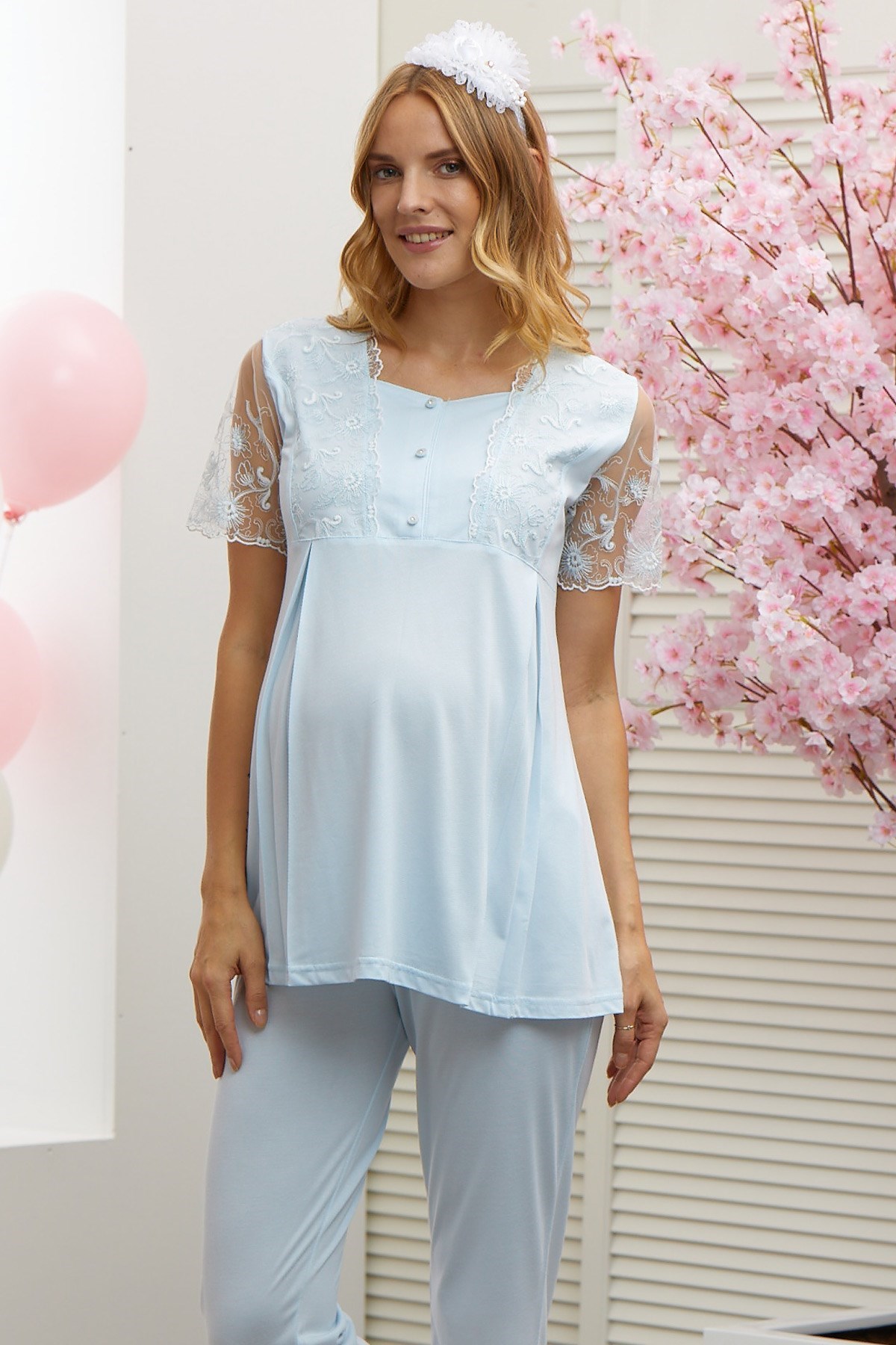 FLZ 24319 Mavi Dantel Lohusa Pijama Takımı