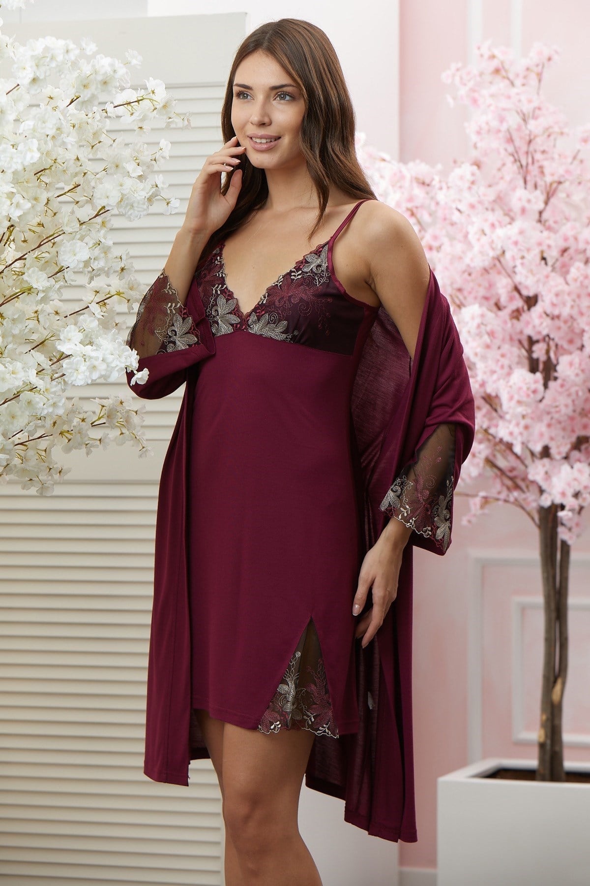 Flz 32176 Bordo Batom Sabahlıklı Lohusa Gecelik