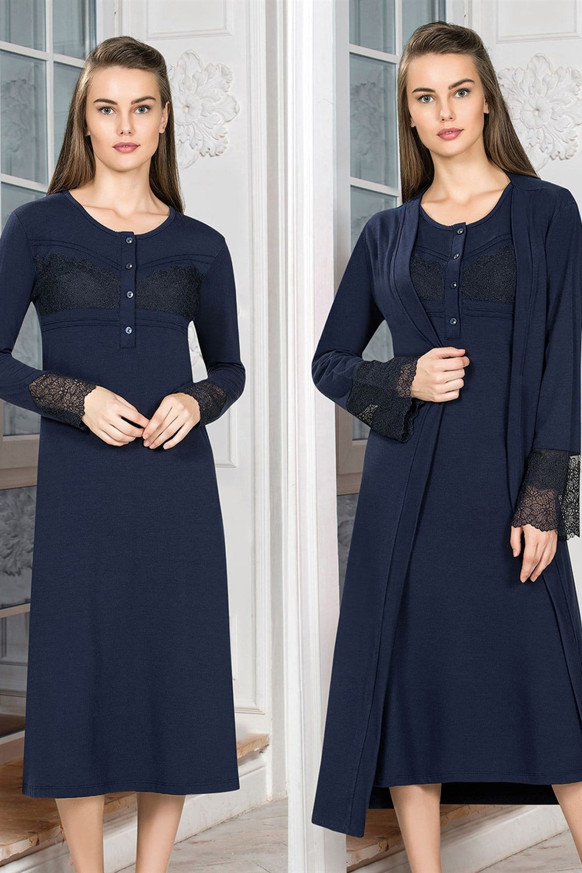 Flz 32206 Lacivert Dantelli Sabahlıklı Lohusa Gecelik