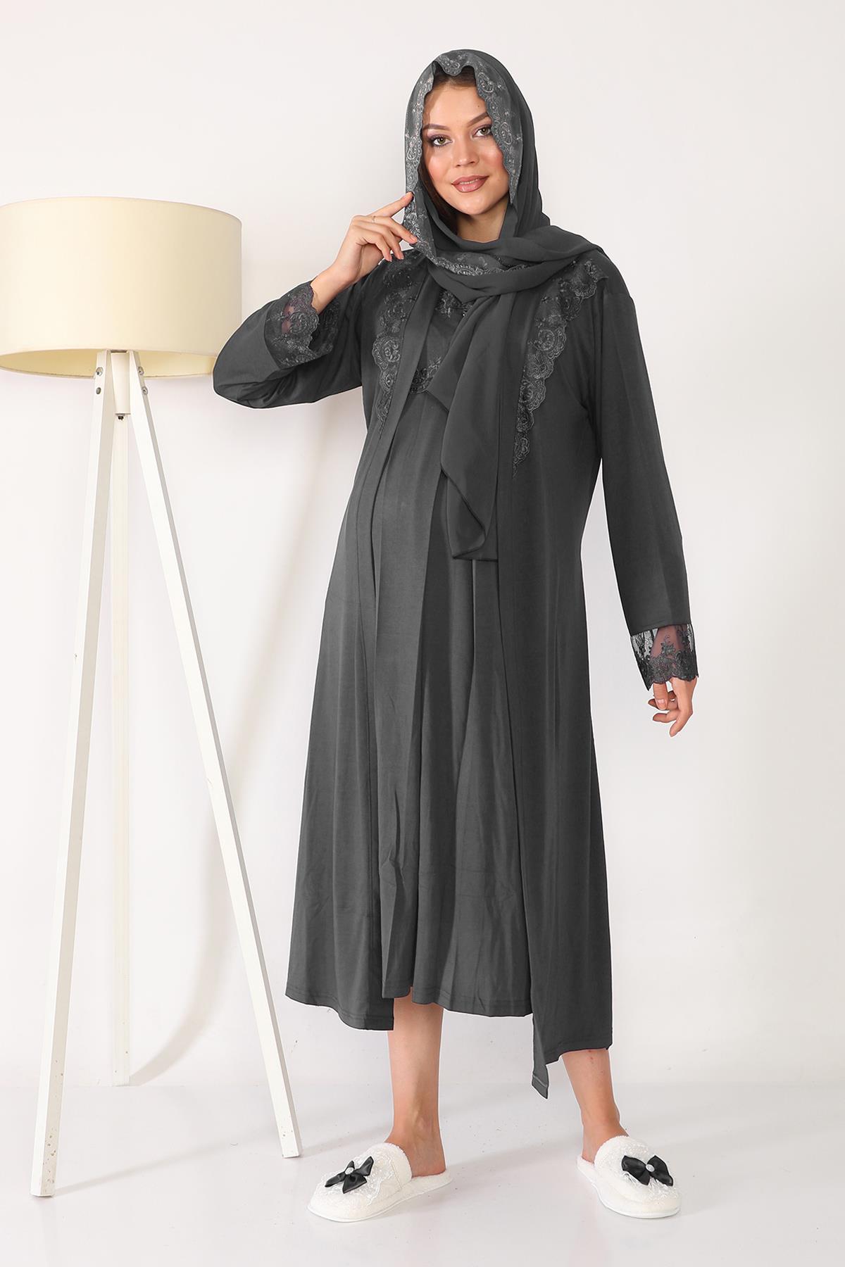 Füme  Tesettürlü Sabahlıklı Lohusa Gecelik Takımı