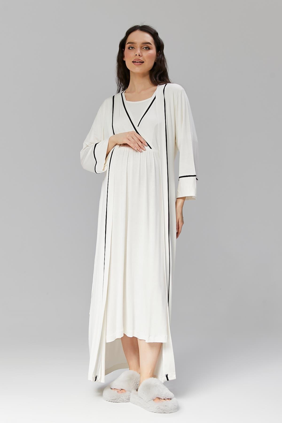 Gizli Emzirme Özellikli Biye Sabahlıklı Kruvaze Lohusa Gecelik Takımı - 505