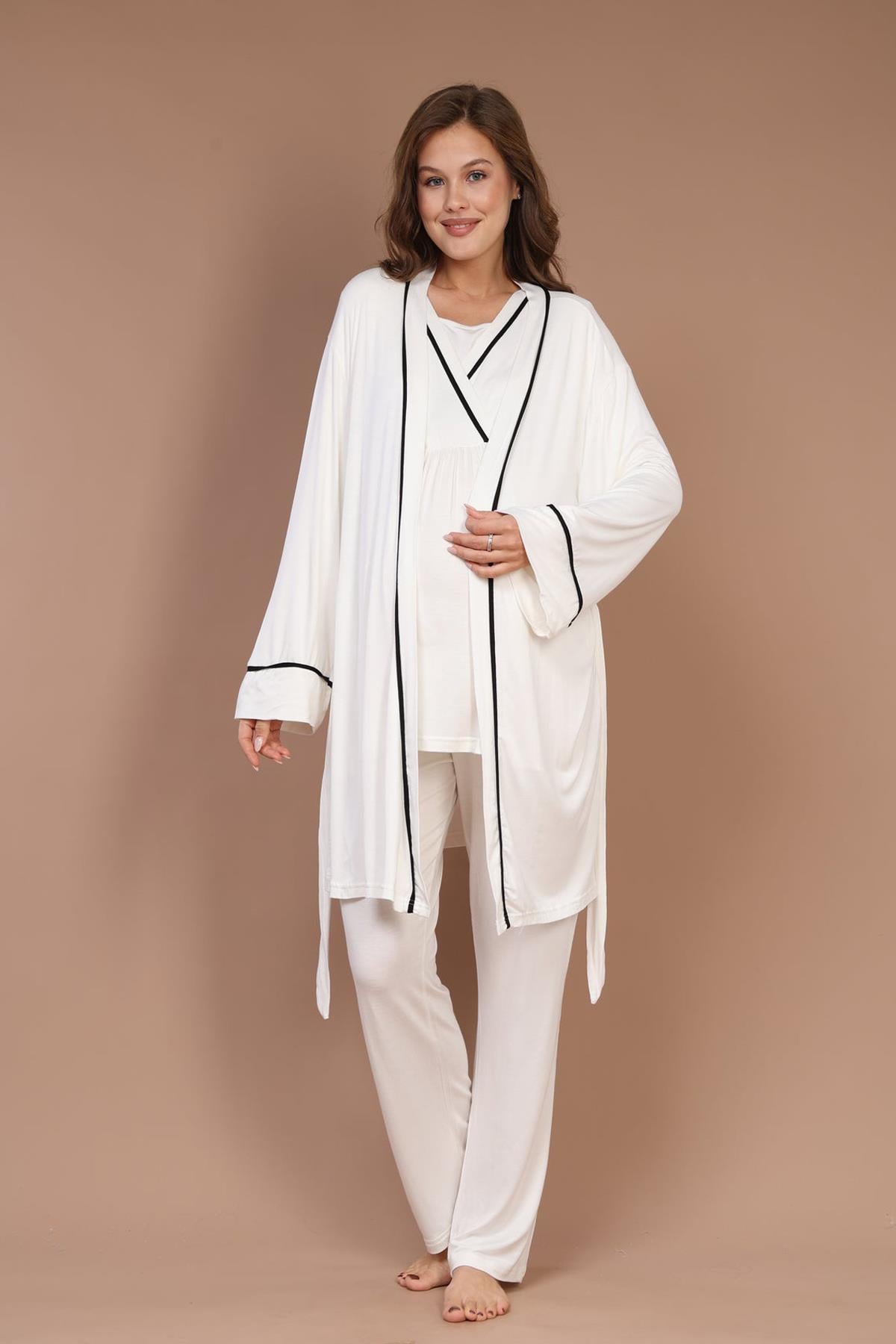 Gizli Emzirme Özellikli Biye Sabahlıklı Kruvaze Lohusa Pijama Takımı - 545