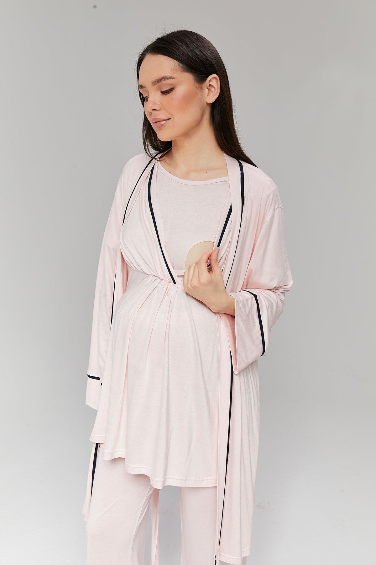 Gizli Emzirme Özellikli Biye Sabahlıklı Kruvaze Lohusa Pijama Takımı - 517