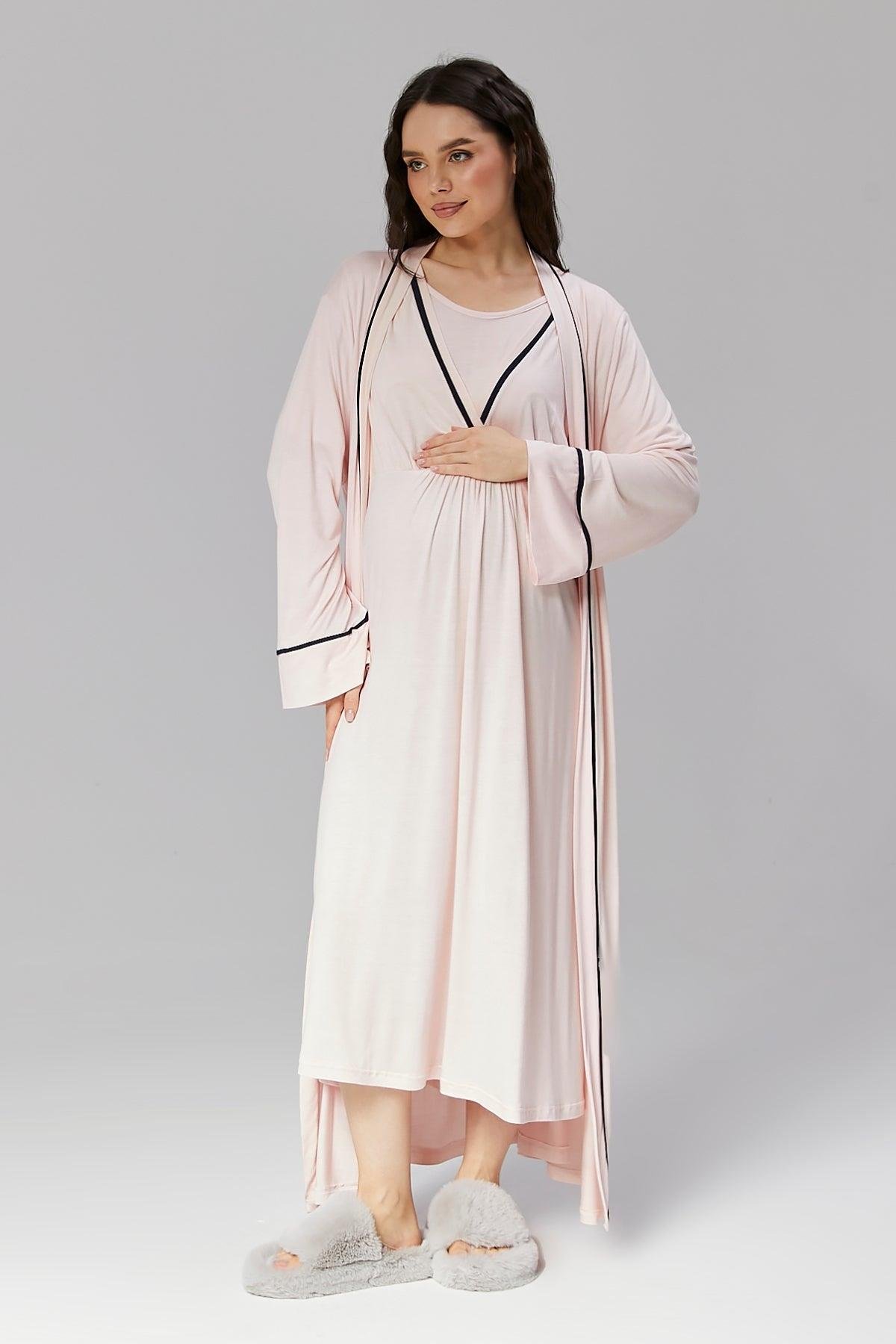 Gizli Emzirme Özellikli Biye Sabahlıklı Kruvaze Lohusa Gecelik Takımı - 504