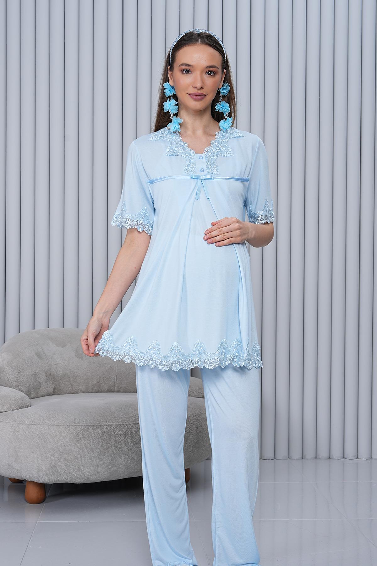 Gizli Emzirme Özellikli Dantel Detaylı Mavi Lohusa Pijama Takımı