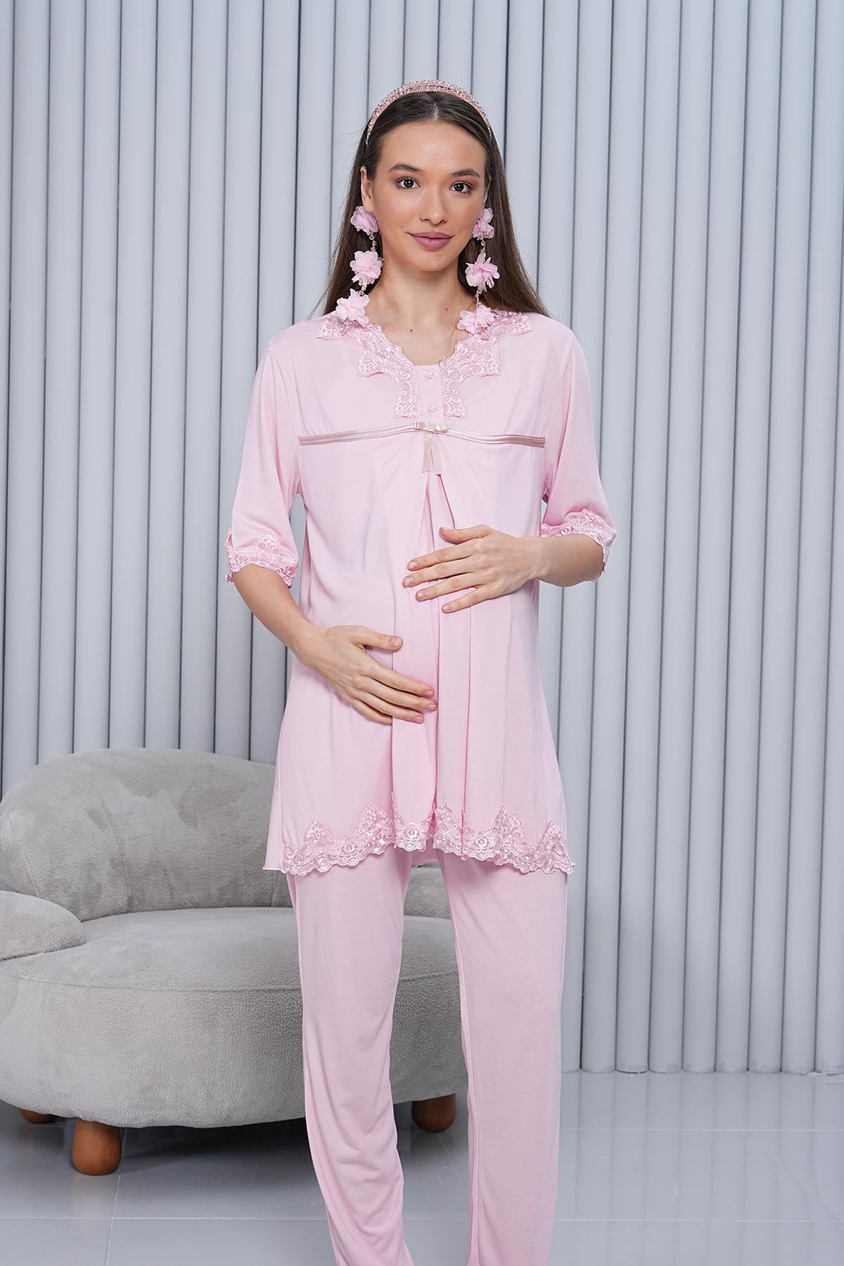 Gizli Emzirme Özellikli Dantel Detaylı Pudra Lohusa Pijama Takımı