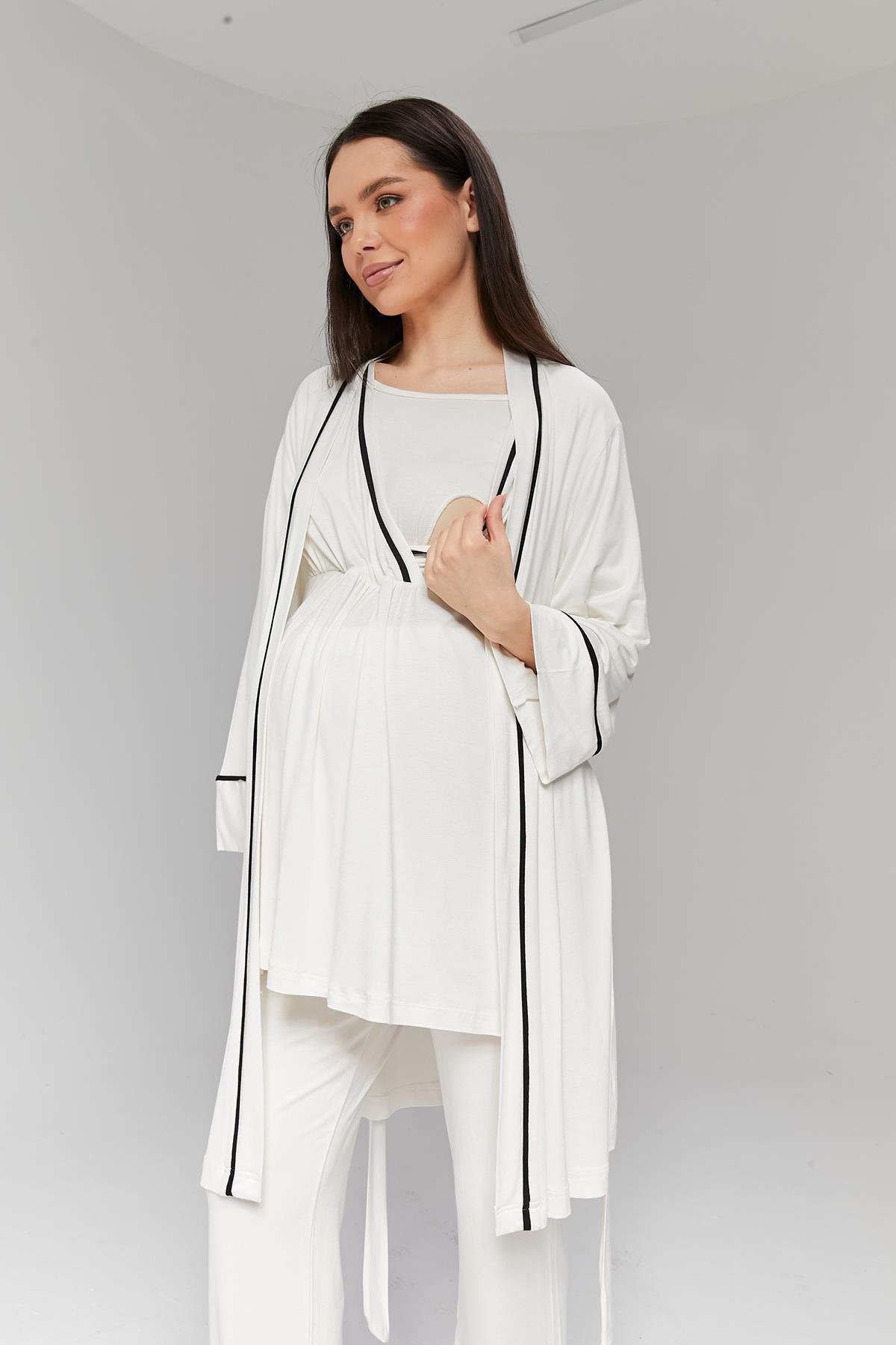 Gizli Emzirme Özellikli Ekru Sabahlıklı Kruvaze Lohusa Pijama Takımı - 516