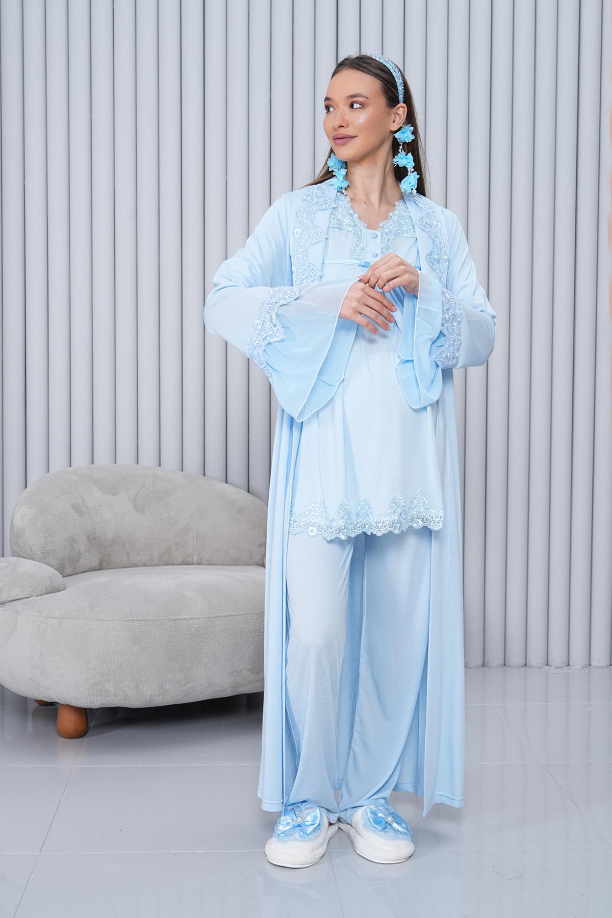 Gizli Emzirme Özellikli Mavi Sabahlıklı Uzun Kol Lohusa Pijama Takımı