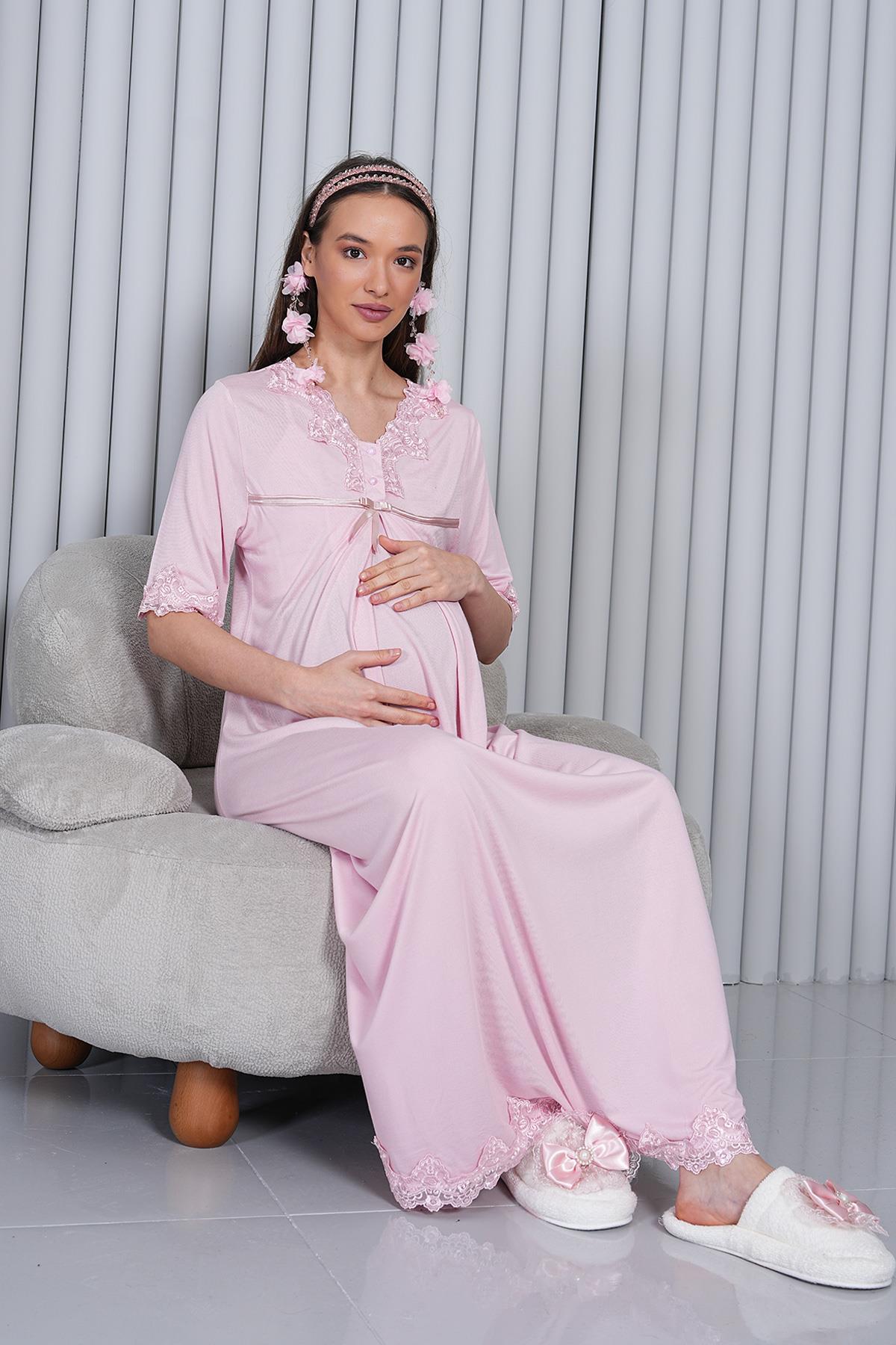 Gizli Emzirme Özellikli Pudra Lohusa Gecelik