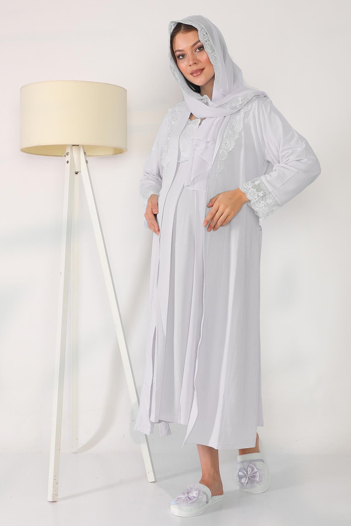 Gri Tesettürlü Sabahlıklı Lohusa Gecelik Takımı