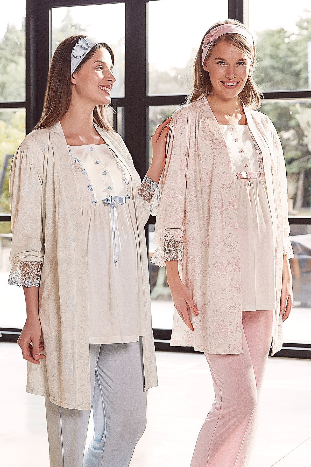 Haluk Bayram 3527 Kolları Dantel Sabahlıklı Lohusa Pijama Takımı