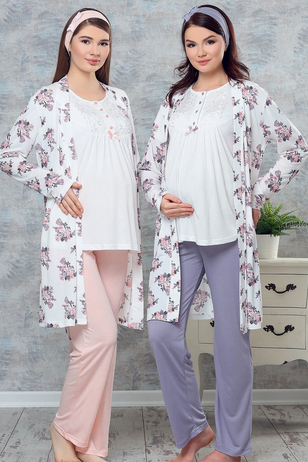 Haluk Bayram 3703 Çiçek Sabahlıklı Lohusa Pijama Takımı