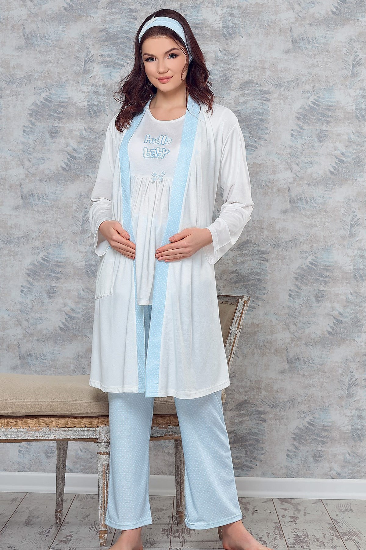 Haluk Bayram 3709 Hello Baby Mavi Sabahlıklı Lohusa Pijama Takımı