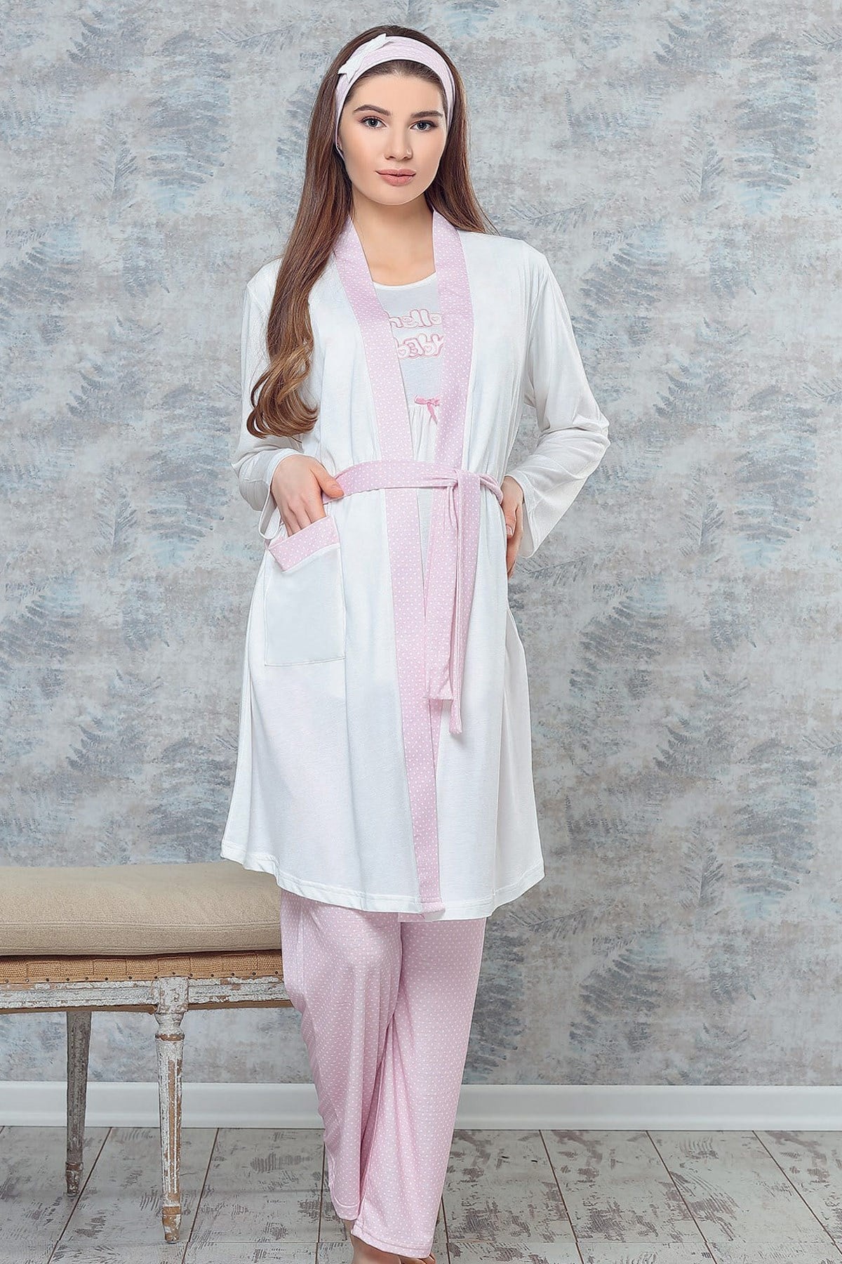 Haluk Bayram 3709 Hello Baby Pembe Sabahlıklı Lohusa Pijama Takımı
