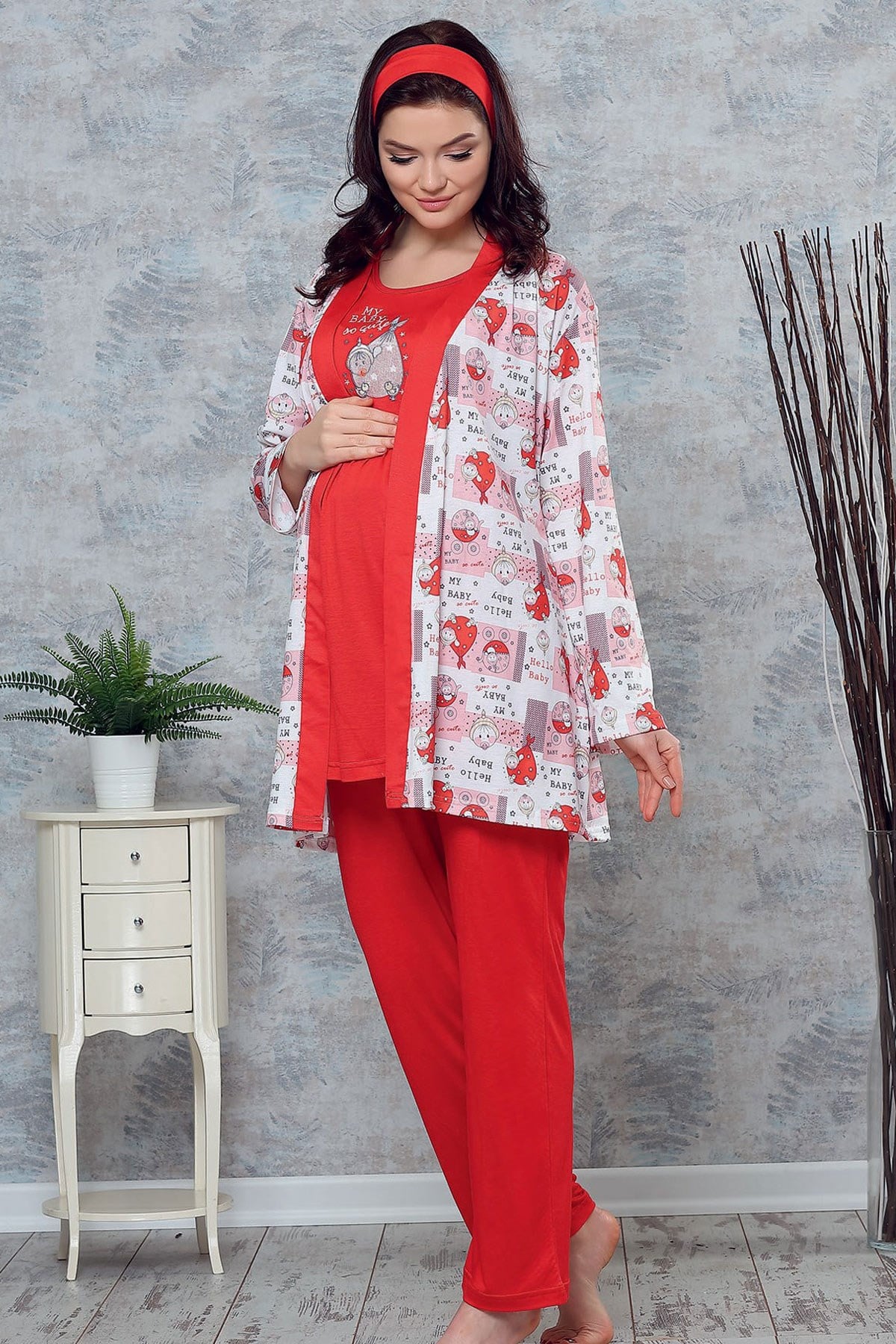 Haluk Bayram 3715 My Baby Kırmızı Sabahlıklı Lohusa Pijama Takımı