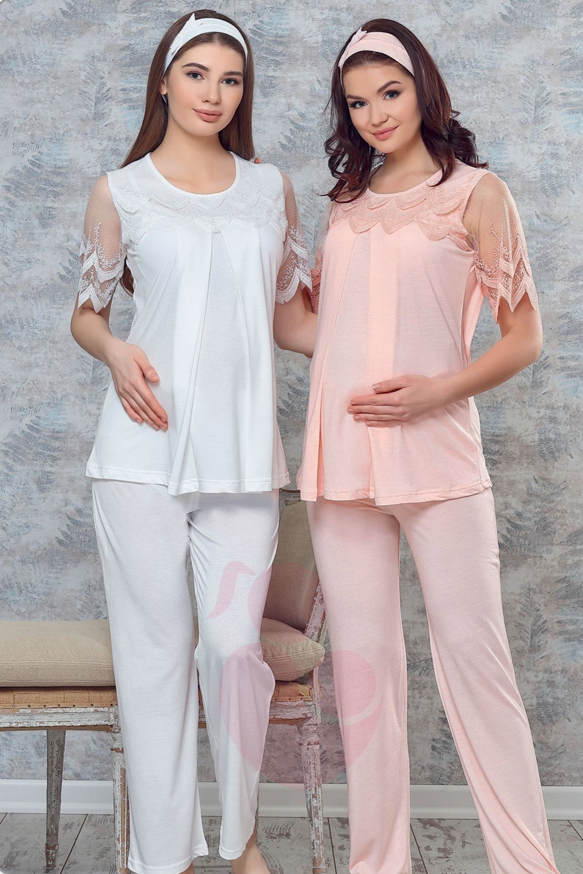 Haluk Bayram 3733 Tül Dantel Detaylı Lohusa Pijama Takımı