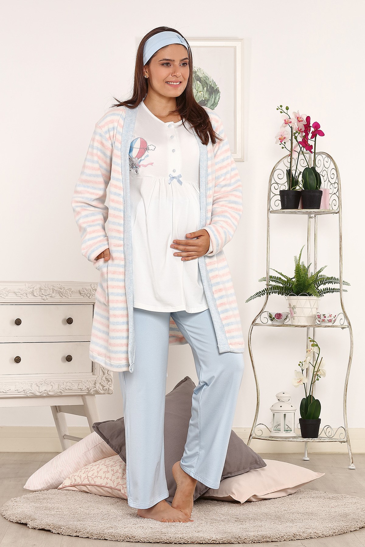 Haluk Bayram 3803 Spotty Mavi Polar Sabahlıklı Lohusa Pijama