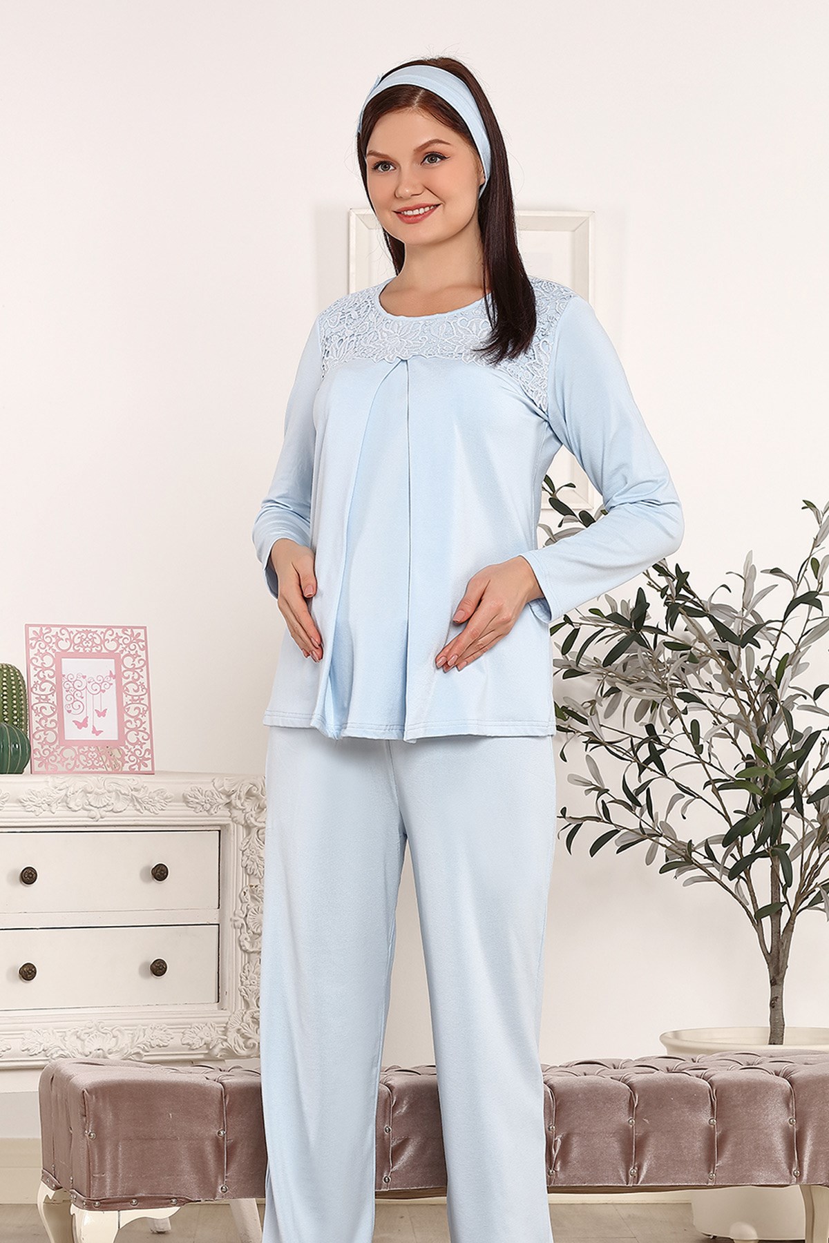 Haluk Bayram 3824 Dantelli Mavi Lohusa Pijama