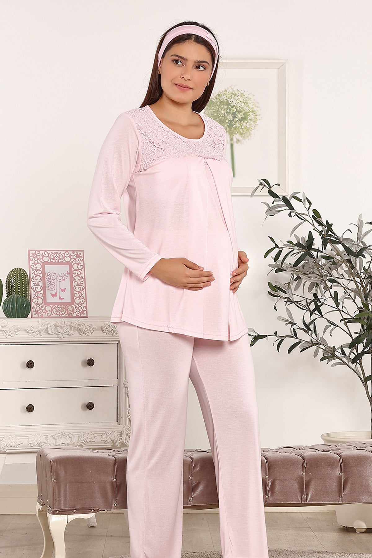 Haluk Bayram 3824 Dantelli Pembe Lohusa Pijama