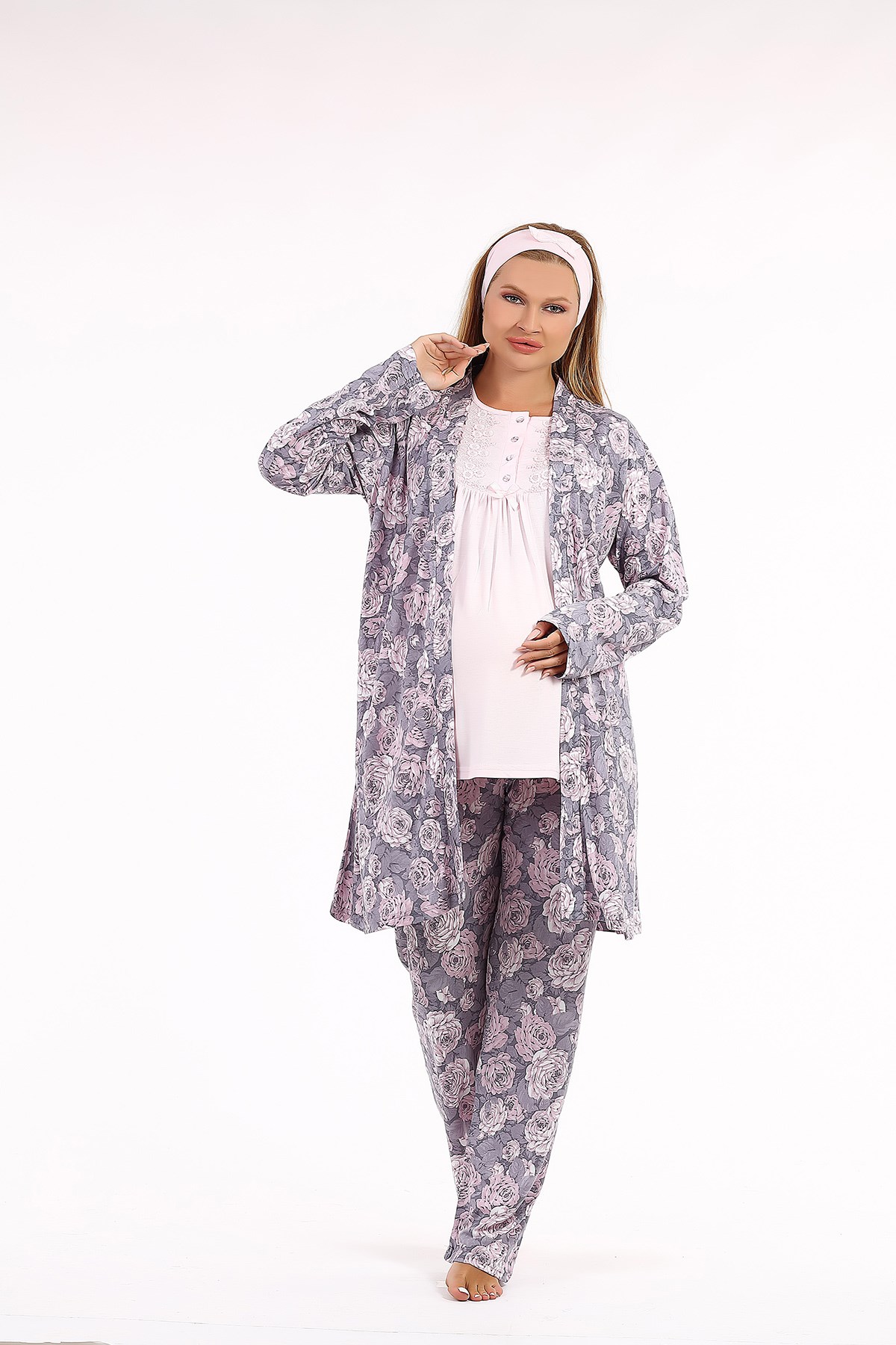 Haluk Bayram 3908 Çiçekli Sabahlıklı Lohusa Pijama Takımı