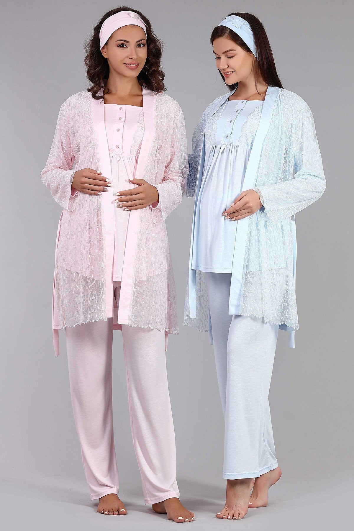 Haluk Bayram 4019 Pudra Mavi  Dantel Sabahlıklı Lohusa Pijama