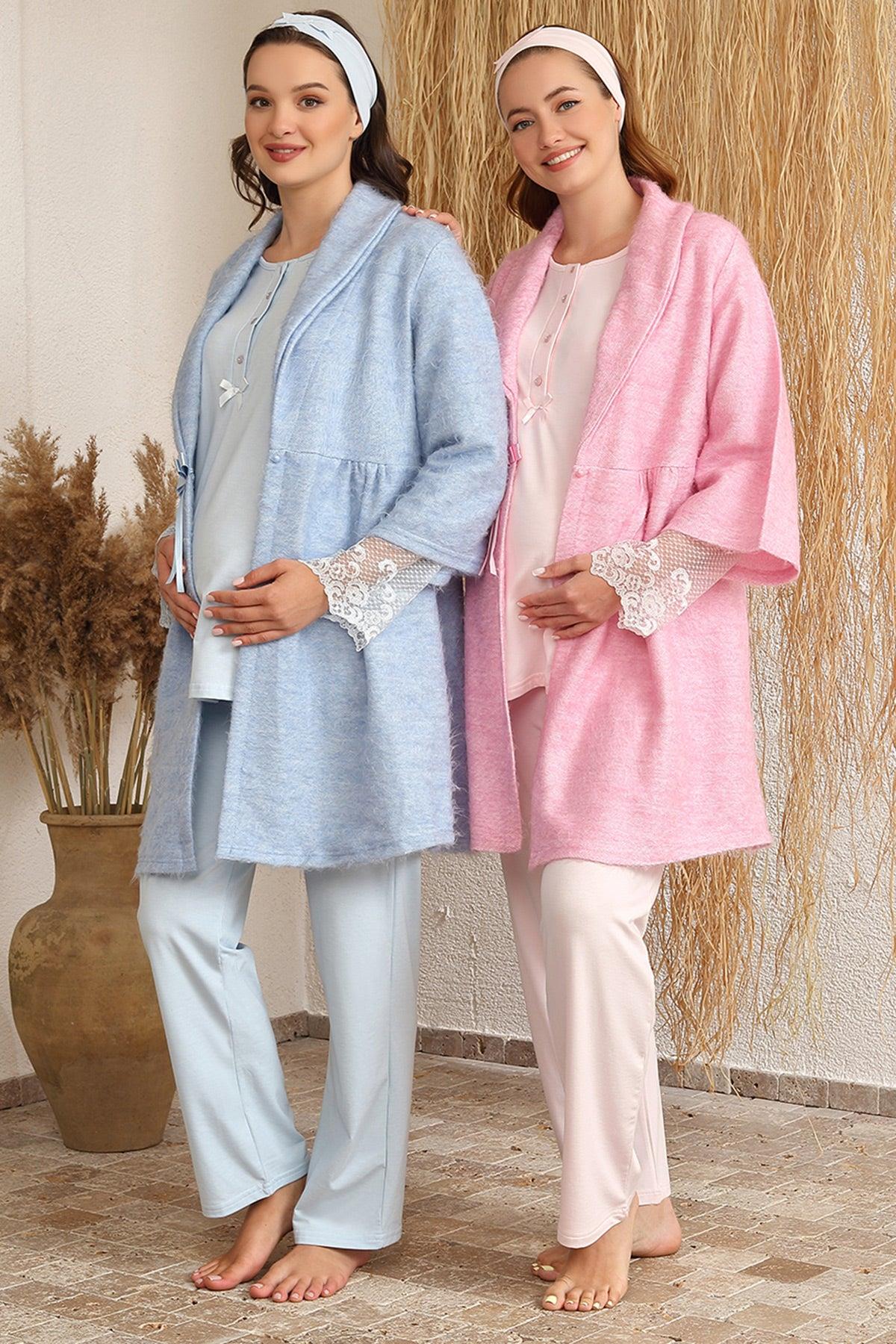 Haluk Bayram 4222 Kolları Dantelli Sabahlıklı Lohusa Pijama Takımı