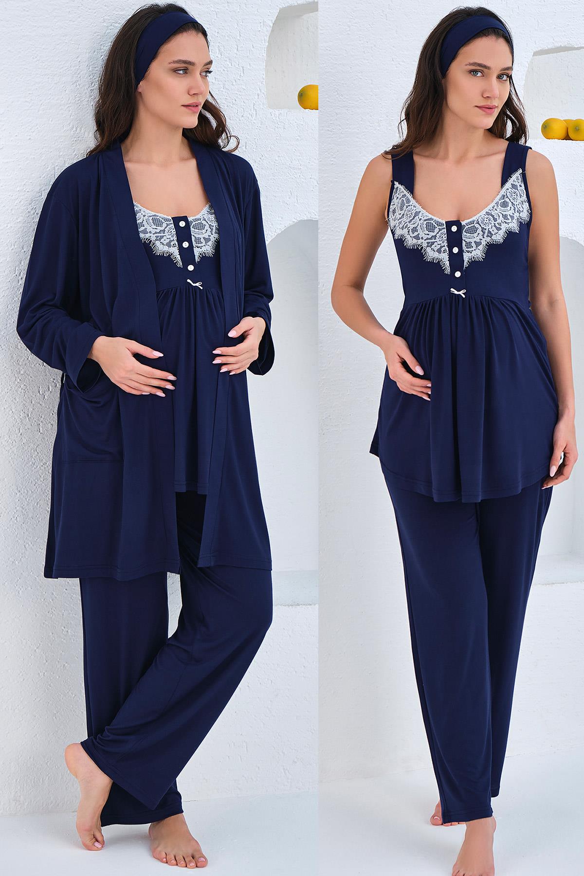 Haluk Bayram 4311 Dantel Detaylı Sabahlıklı Lohusa Pijama Takımı