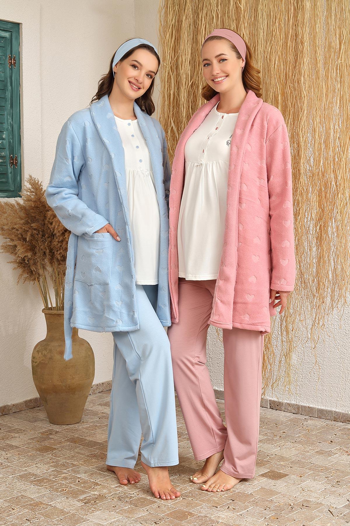 Haluk Bayram 4407 Welsoft Kalp Desen Sabahlıklı Lohusa Pijama Takımı