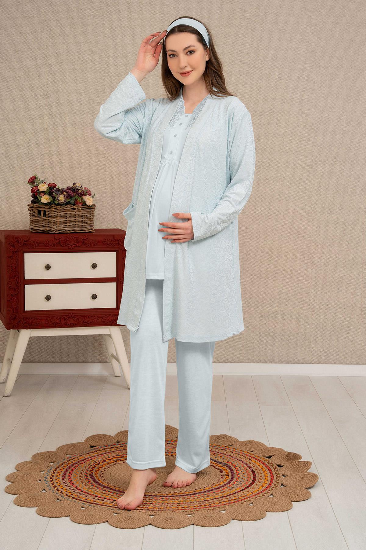 Haluk Bayram 4501 Mavi Jakar Sabahlıklı Dantelli Yaka Lohusa Pijama Takımı