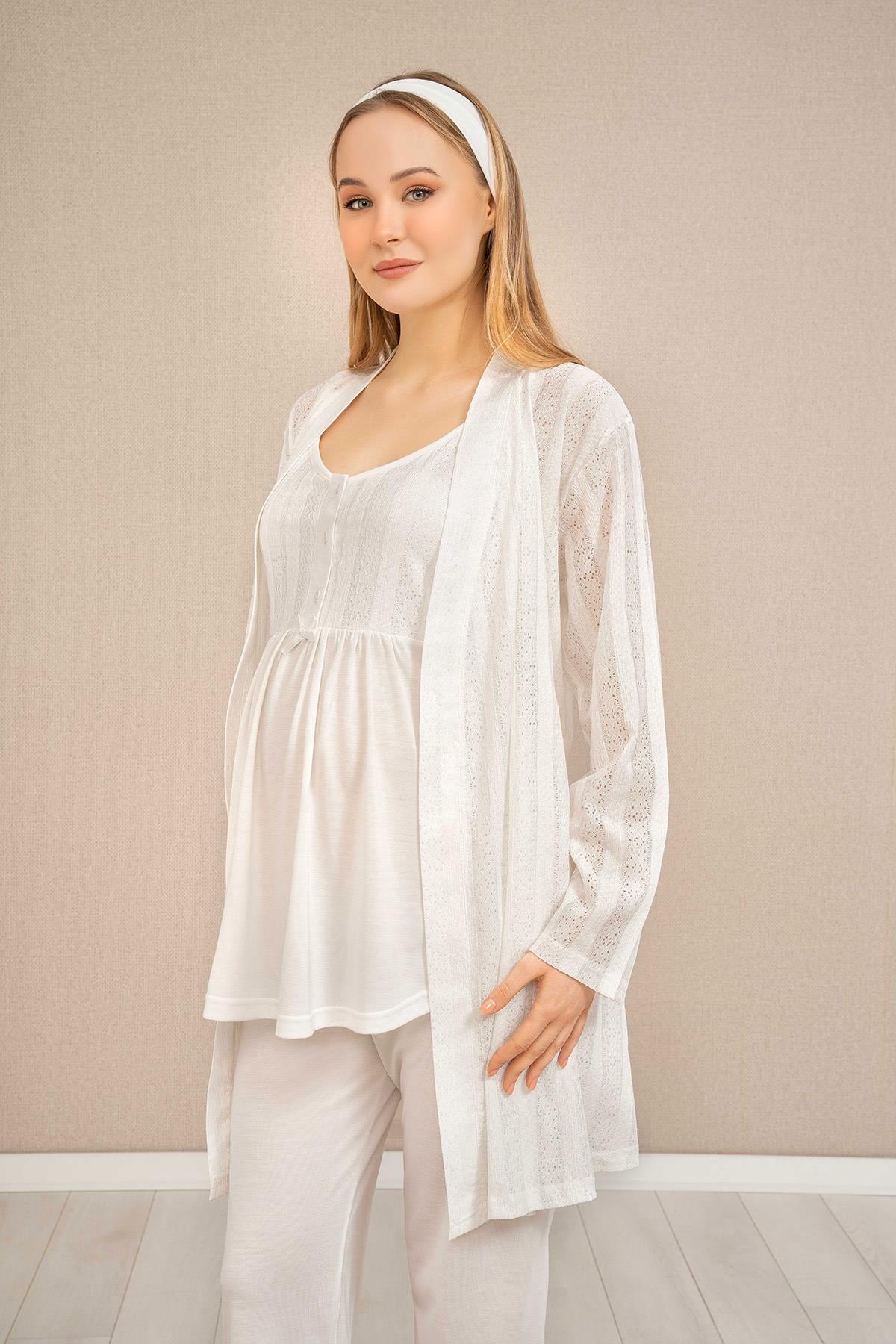 Haluk Bayram 4502 Ekru Emzirme Özellikli Sabahlıklı Lohusa Pijama Takımı