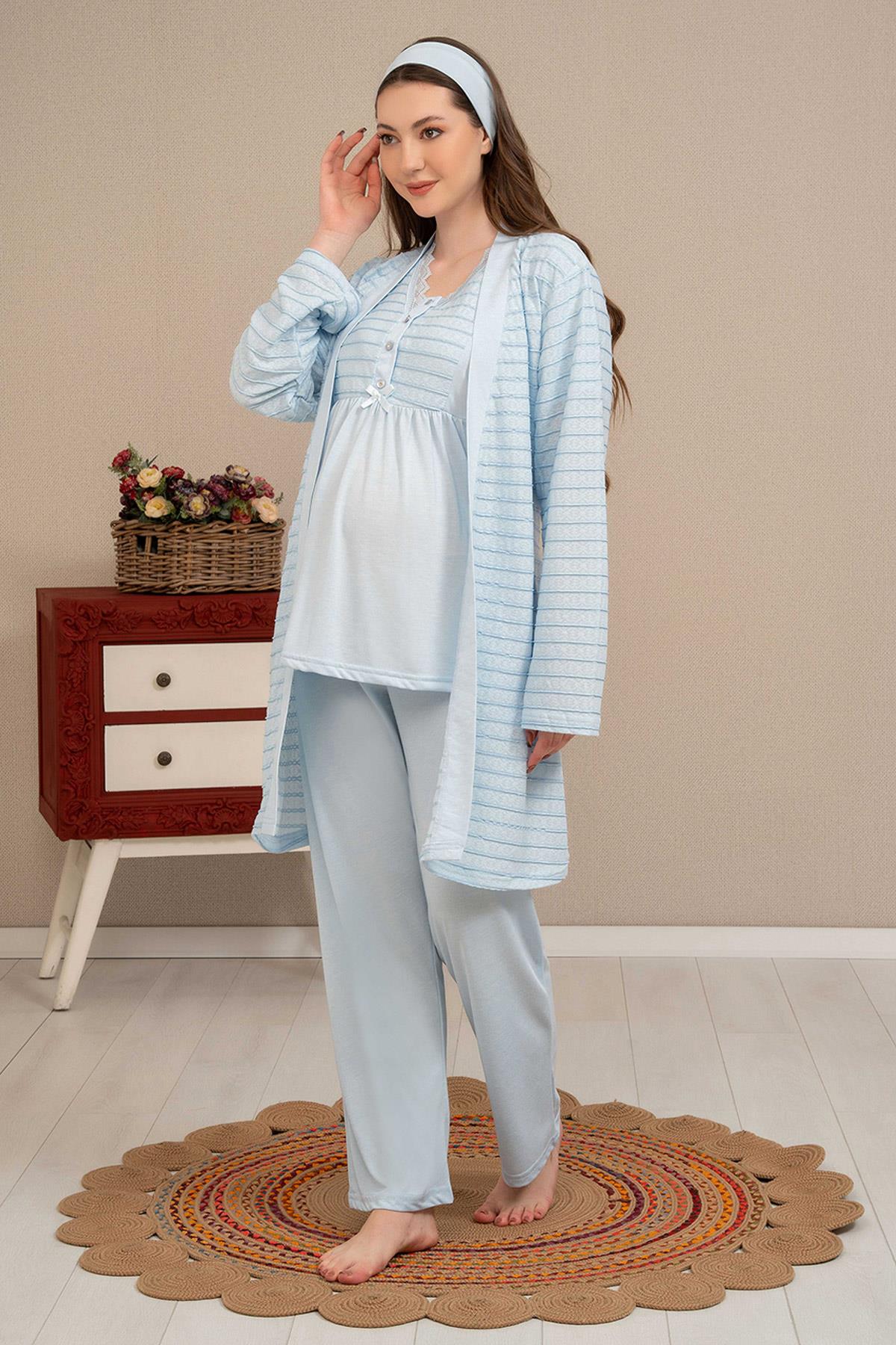 Haluk Bayram 4503 Mavi Jakar Sabahlıklı Dantelli Detaylı Lohusa Pijama Takımı