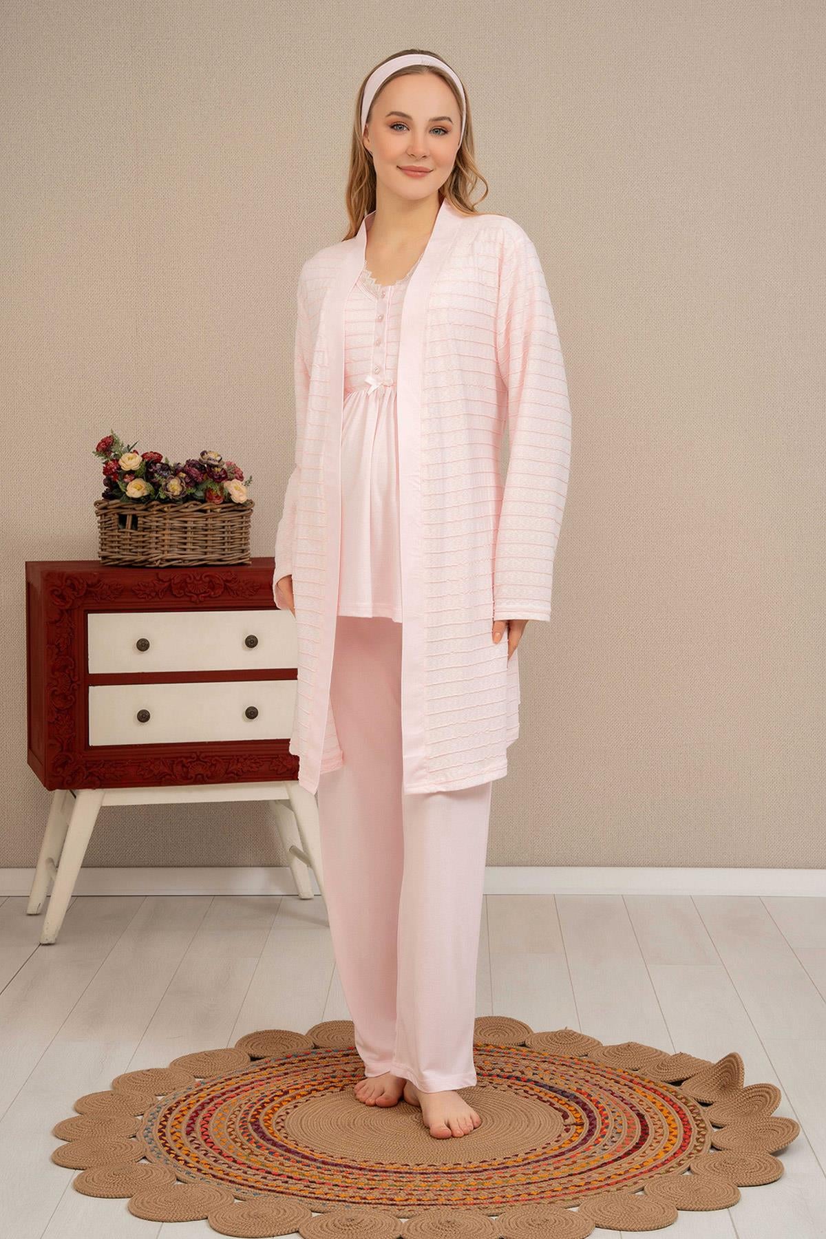Haluk Bayram 4503 Pembe Jakar Sabahlıklı Dantelli Detaylı Lohusa Pijama Takımı
