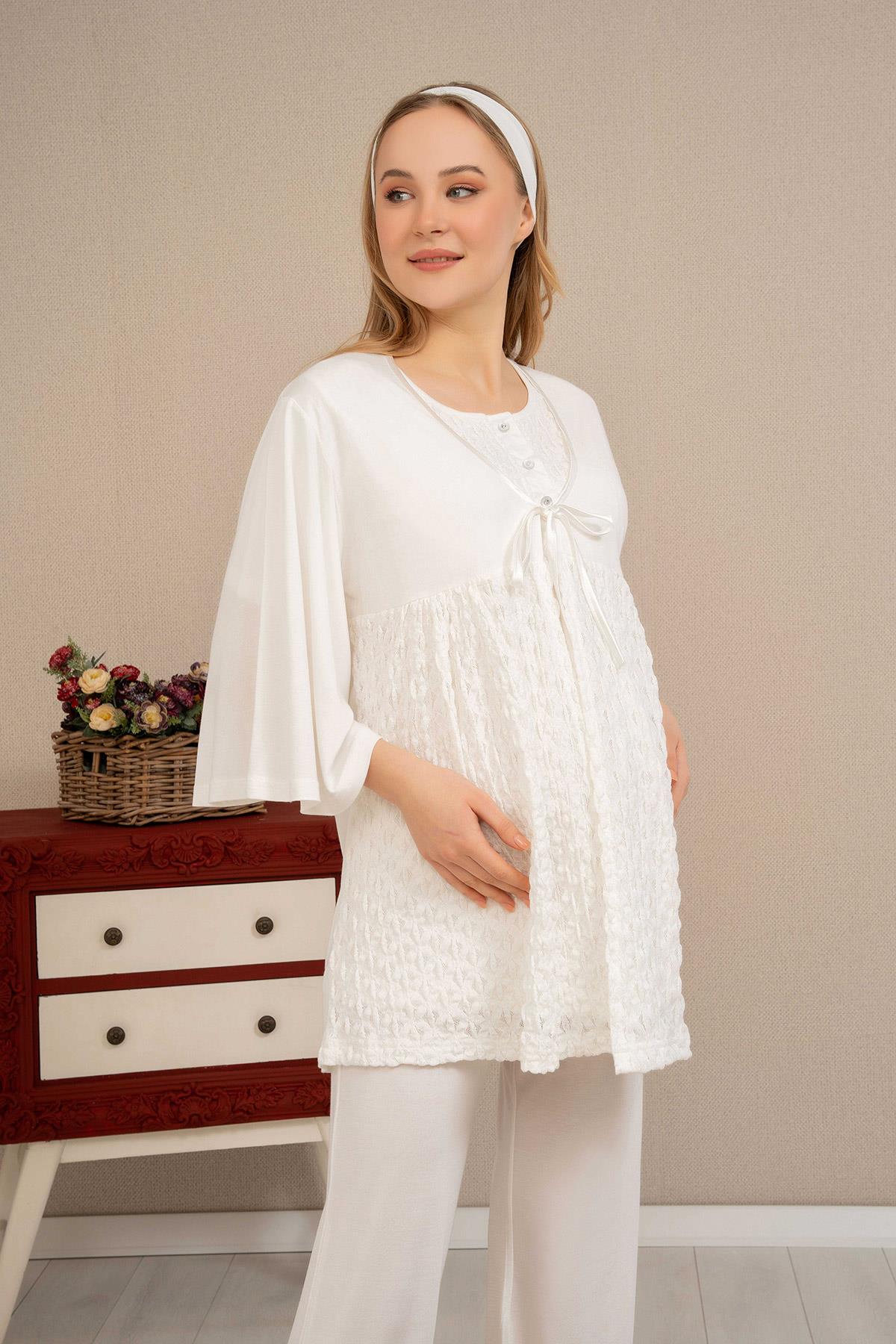 Haluk Bayram 4504 Ekru Dantel Sabahlıklı Lohusa Pijama Takımı