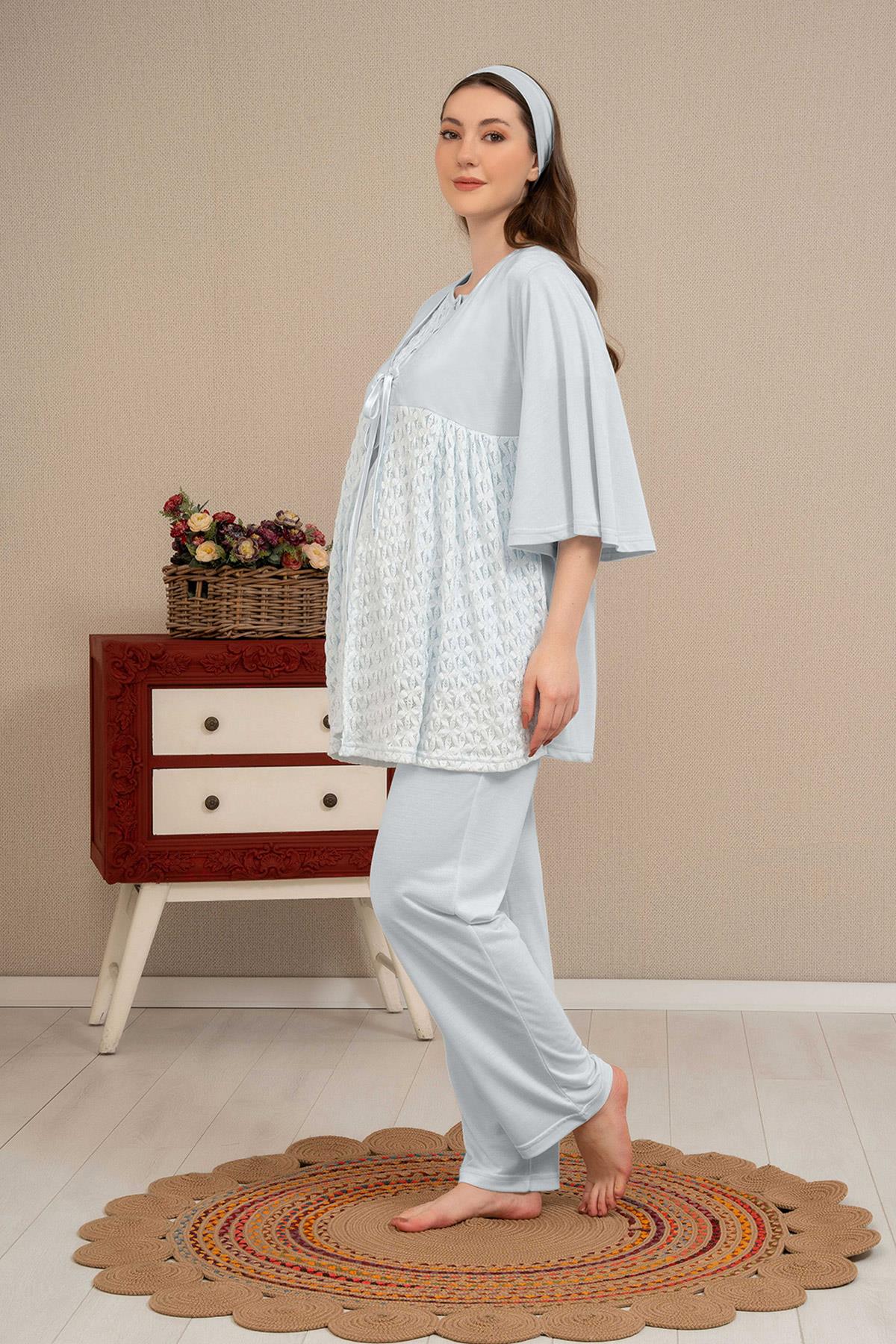 Haluk Bayram 4504 Mavi Dantel Sabahlıklı Lohusa Pijama Takımı