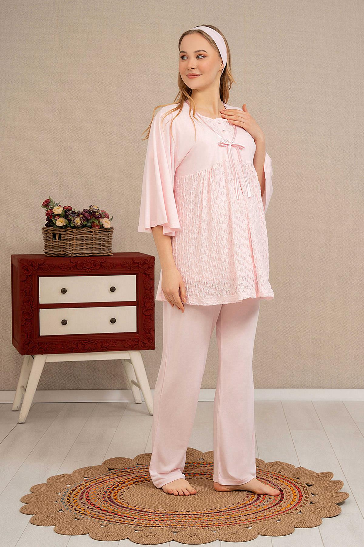 Haluk Bayram 4504 Pembe Dantel Sabahlıklı Lohusa Pijama Takımı