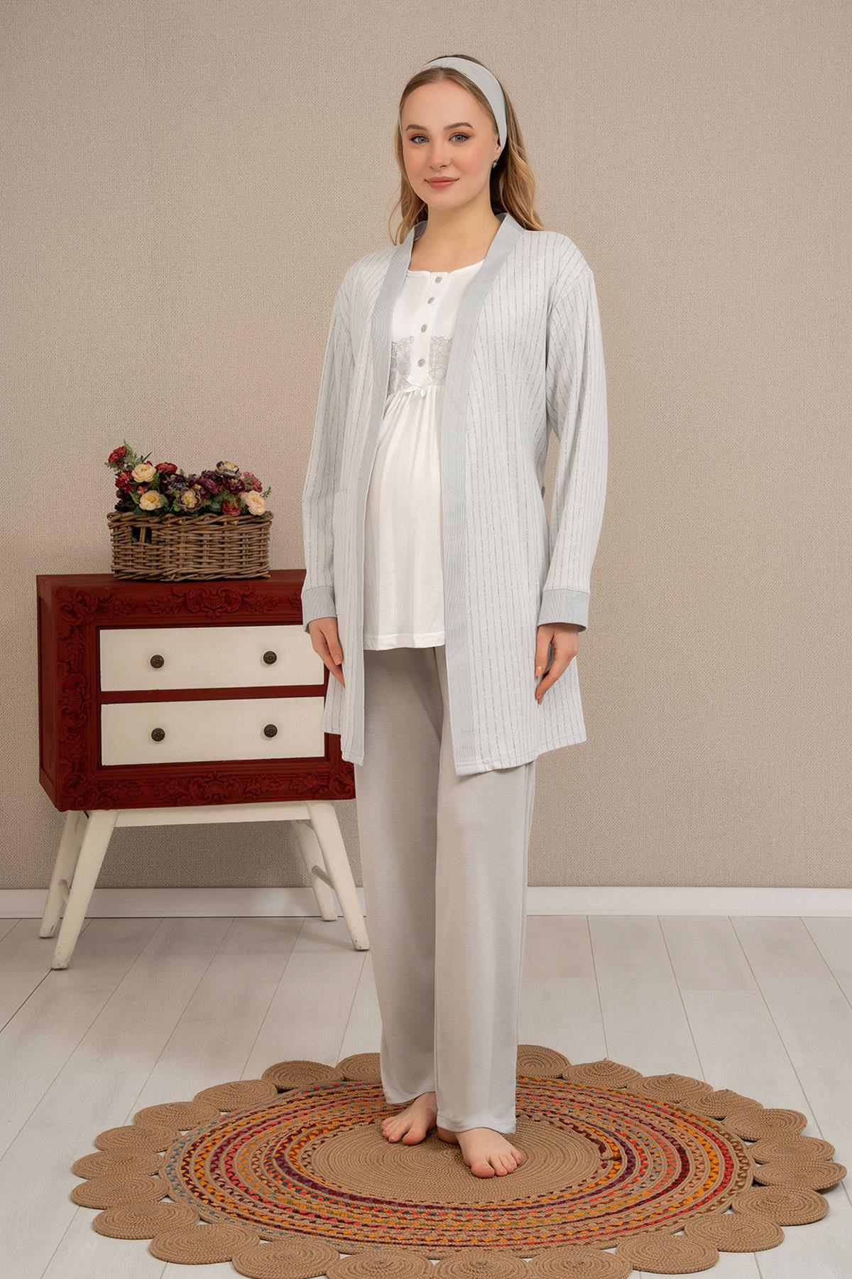 Haluk Bayram 4505 Gri Sabahlıklı Dantelli Lohusa Pijama Takımı