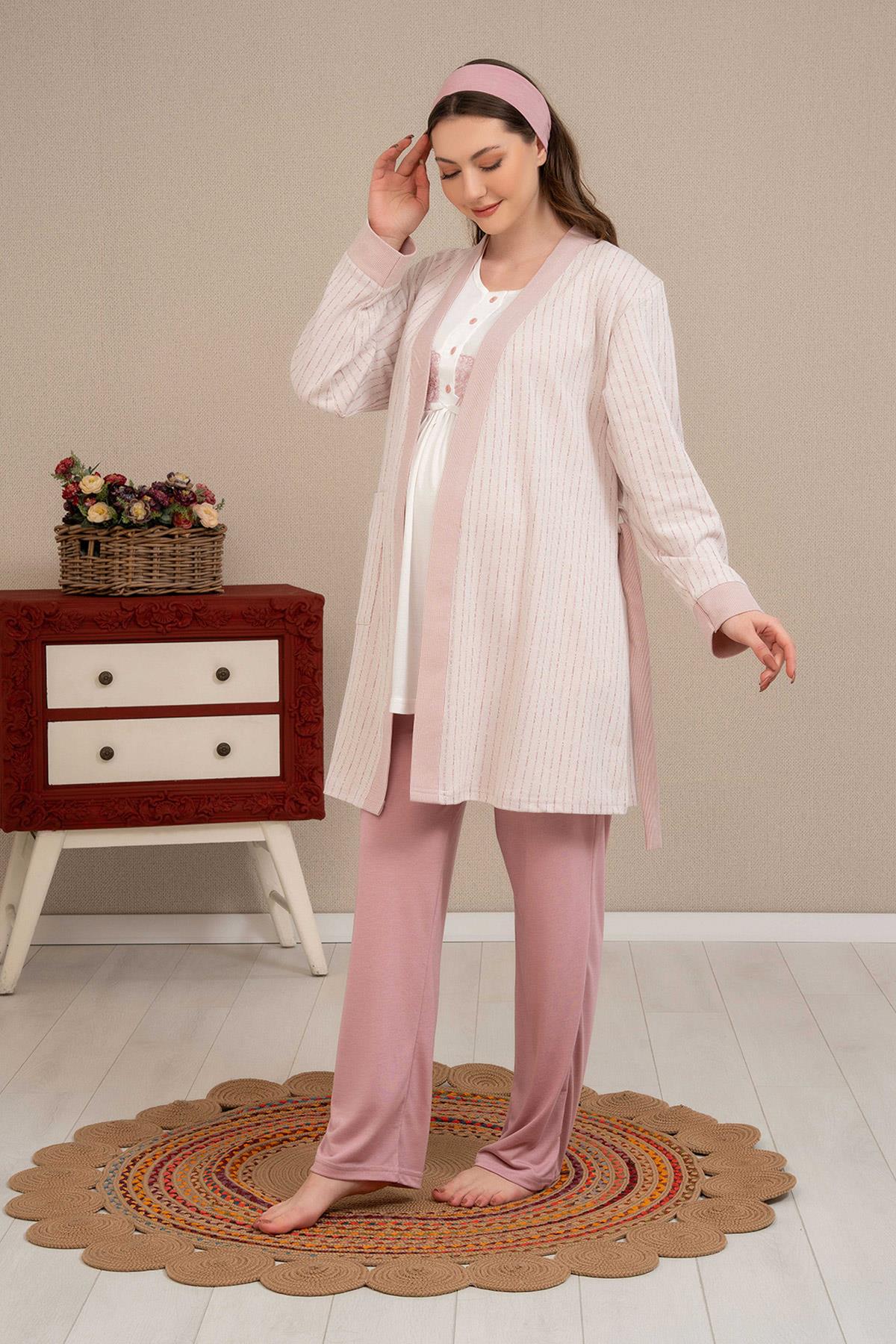 Haluk Bayram 4505 Gülkurusu Sabahlıklı Dantelli Lohusa Pijama Takımı