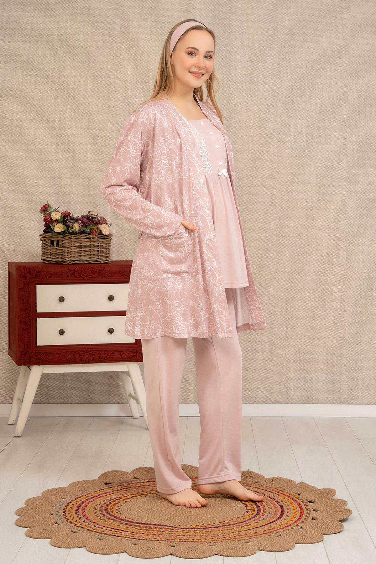 Haluk Bayram 4507 Somon Jakar Desen Sabahlıklı Lohusa Pijama Takımı