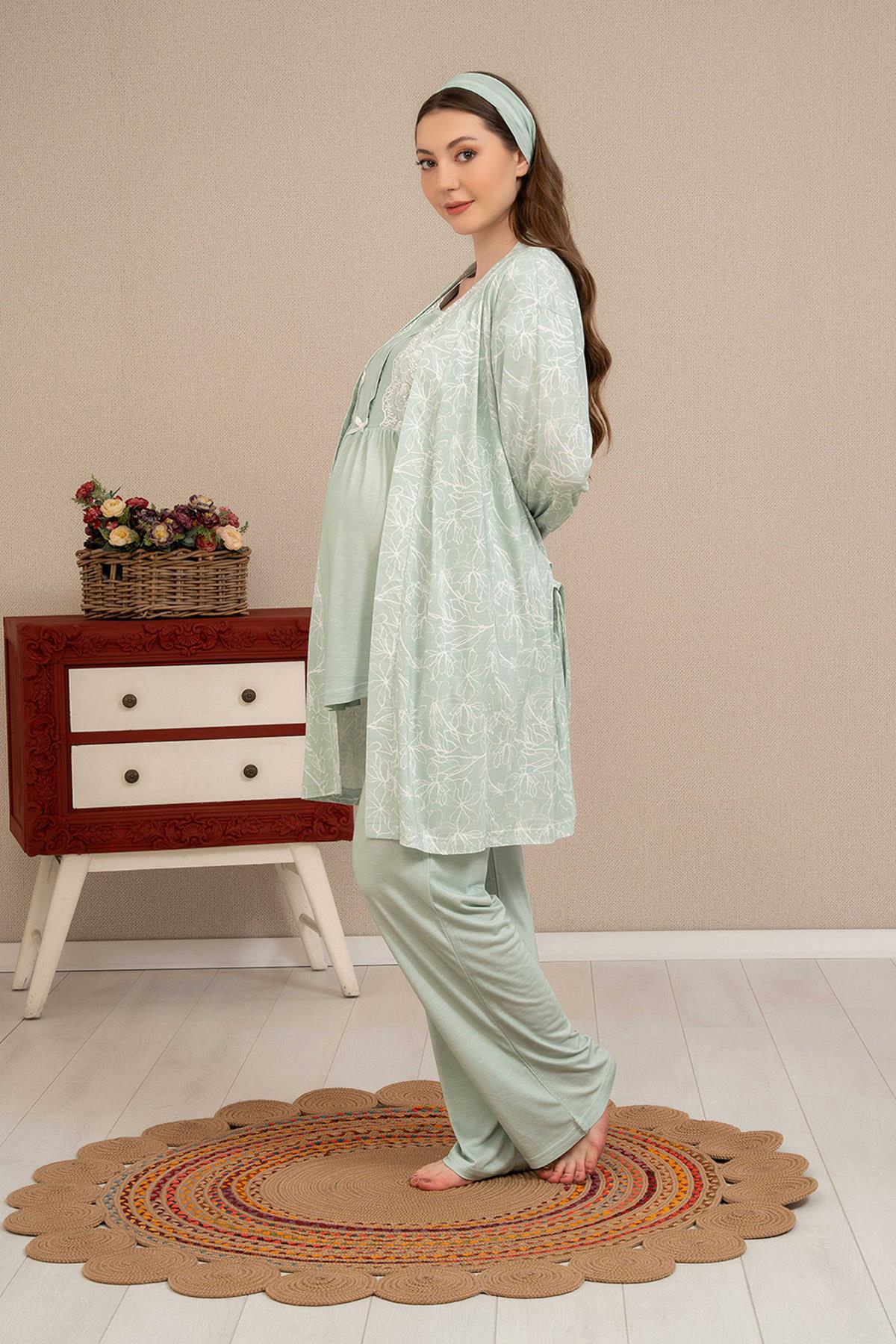 Haluk Bayram 4507 Yeşil Jakar Desen Sabahlıklı Lohusa Pijama Takımı