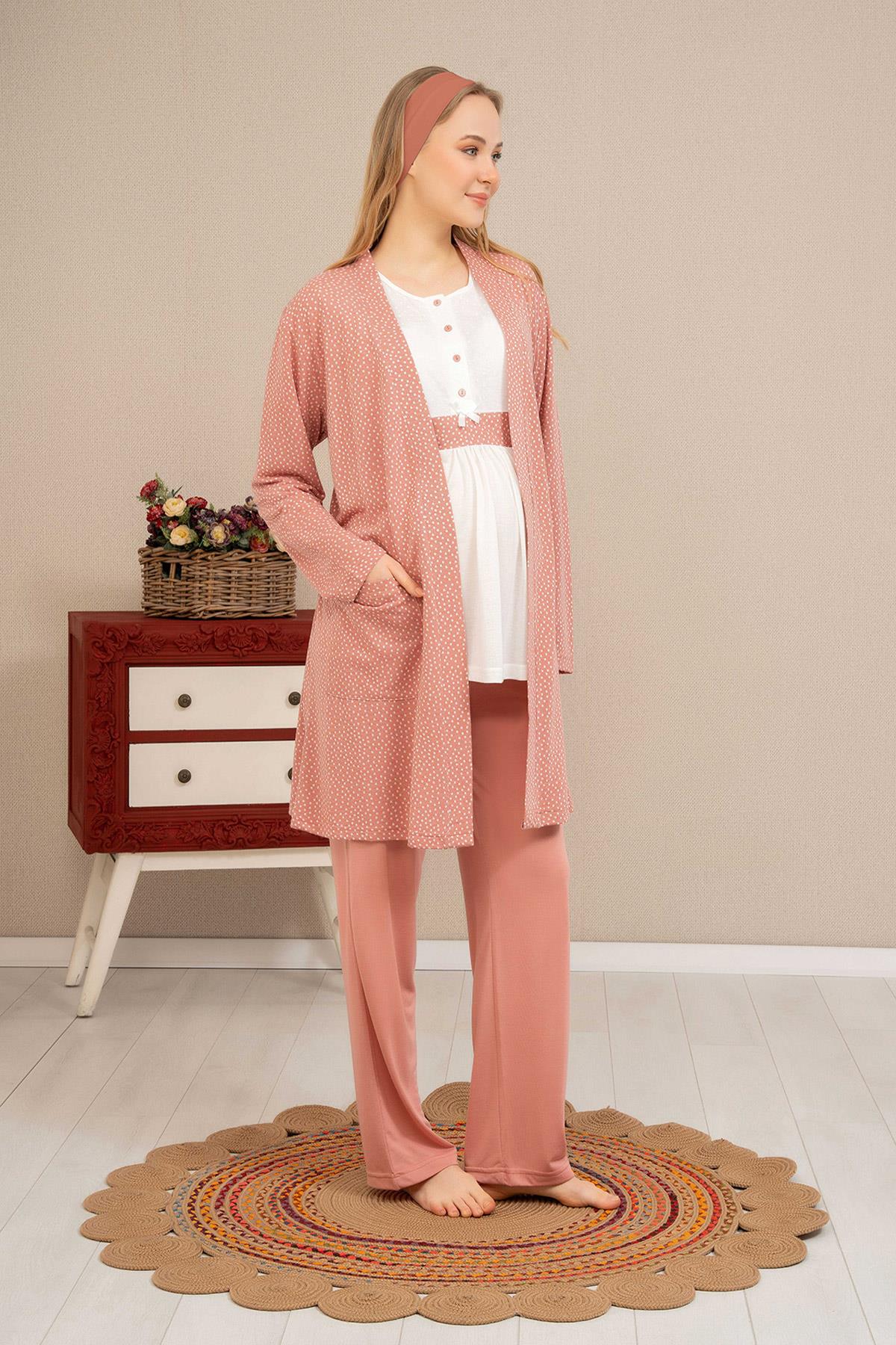 Haluk Bayram 4511 Gülkurusu Puan Detaylı Sabahlıklı Lohusa Pijama Takımı