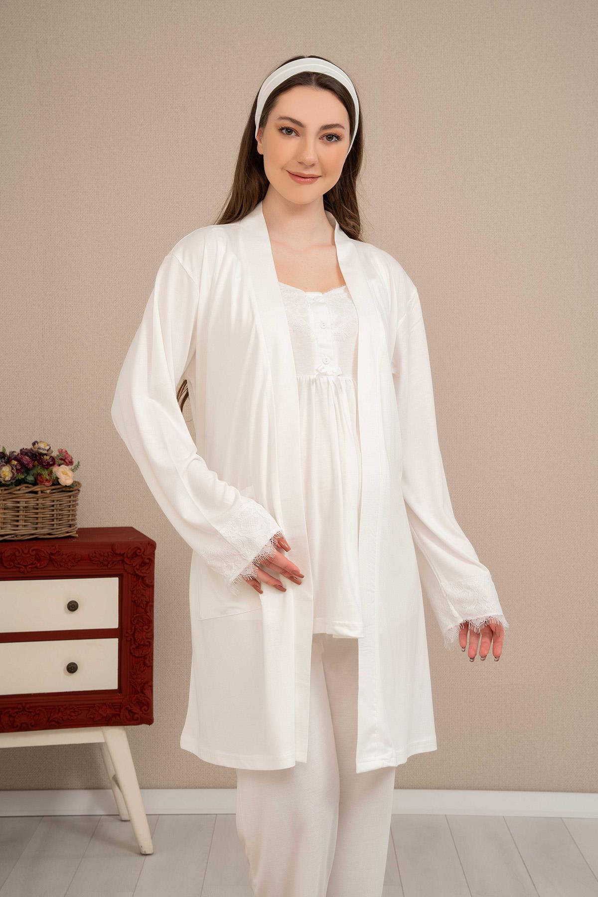 Haluk Bayram 4513 Ekru Dantel Sabahlıklı Emzirme Özellikli Lohusa Pijama Takımı