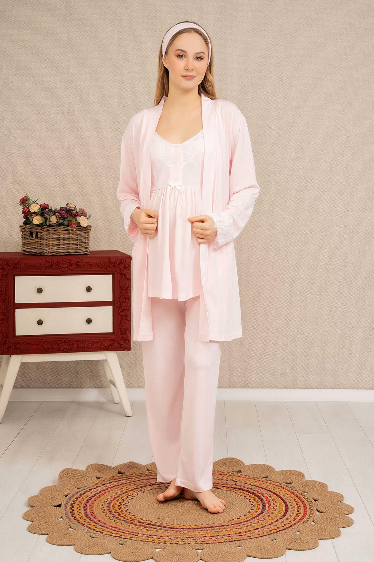 Haluk Bayram 4513 Pembe Dantel Sabahlıklı Emzirme Özellikli Lohusa Pijama Takımı