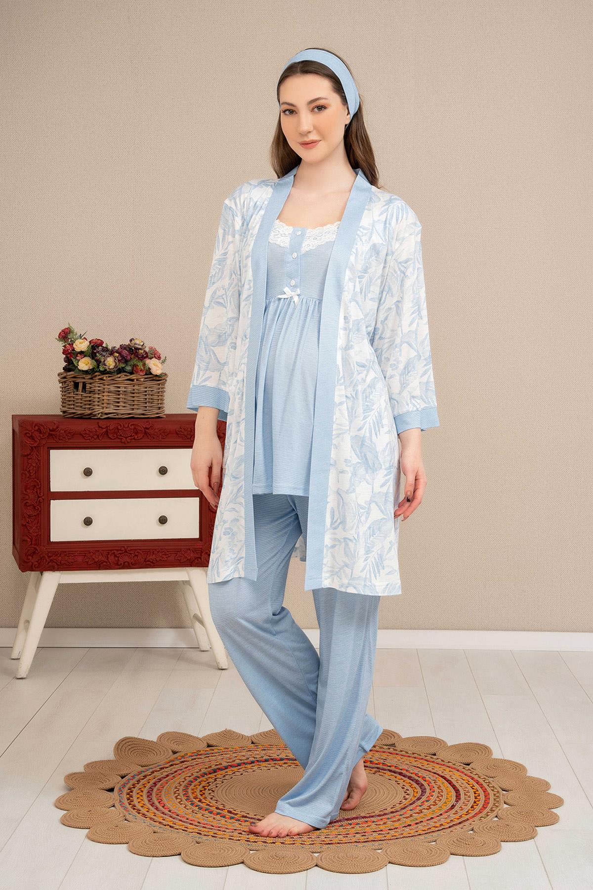 Haluk Bayram 4517 Mavi Desen Sabahlıklı Yaka Detaylı Lohusa Pijama Takımı