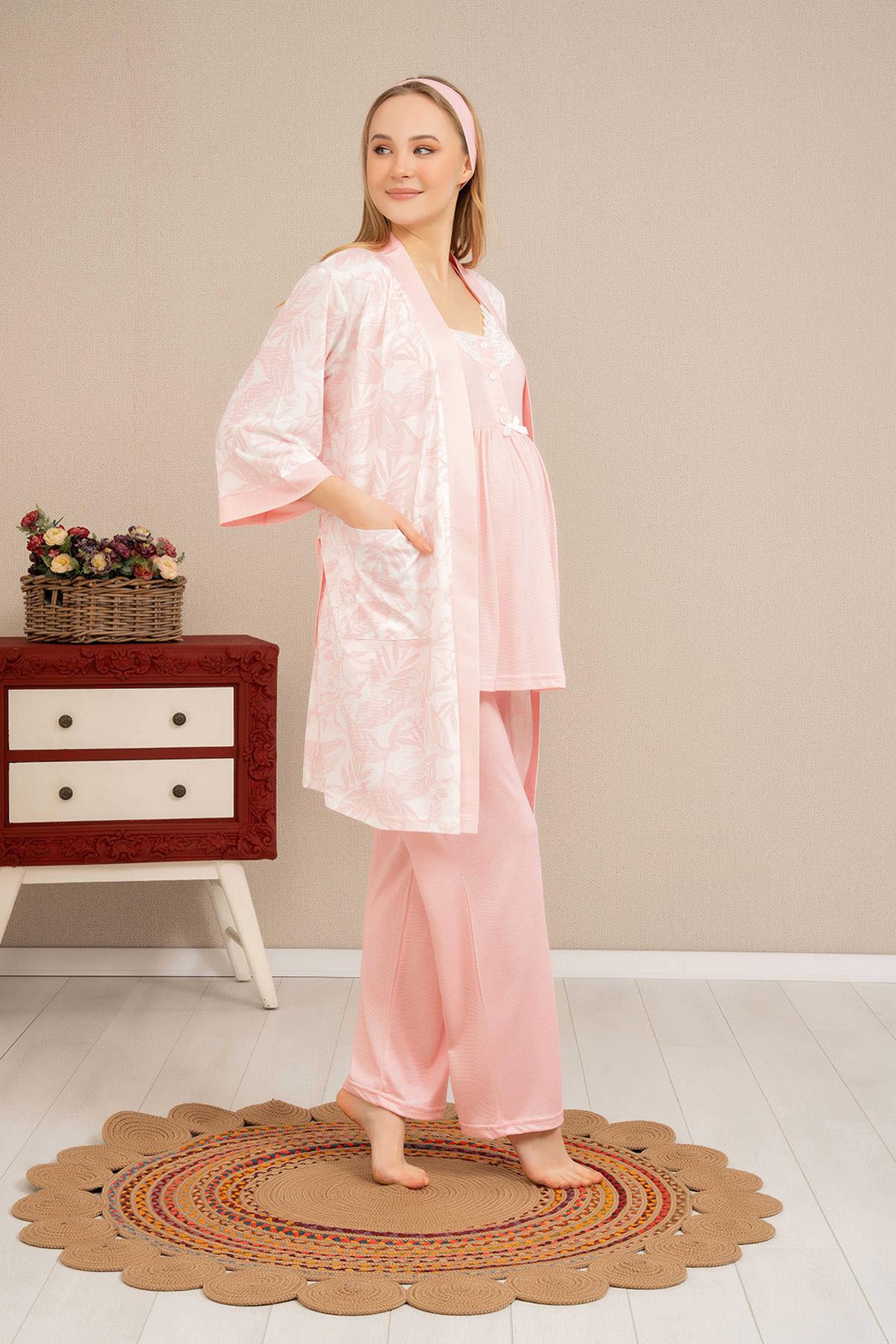 Haluk Bayram 4517 Pembe Desen Sabahlıklı Yaka Detaylı Lohusa Pijama Takımı