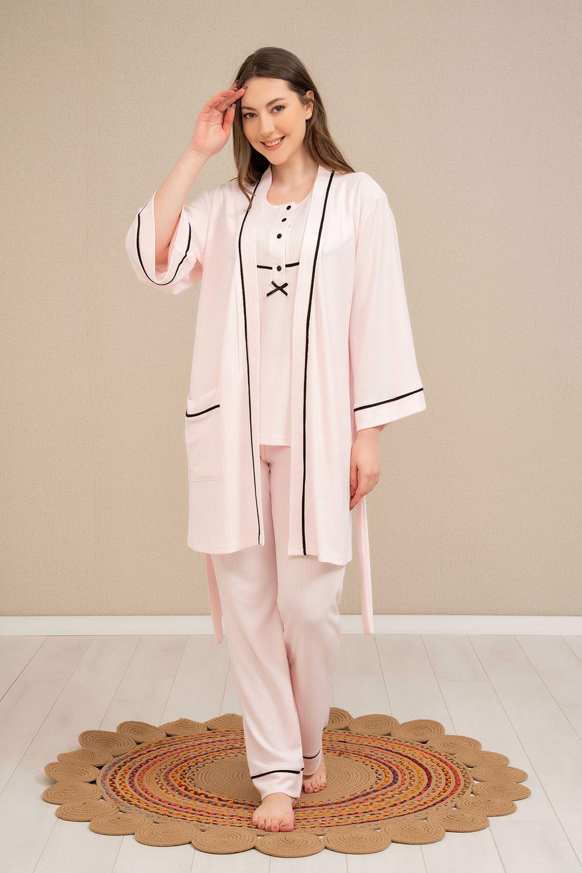 Haluk Bayram 4524 Pembe Çizgi Sabahlıklı Askılı Lohusa Pijama Takımı