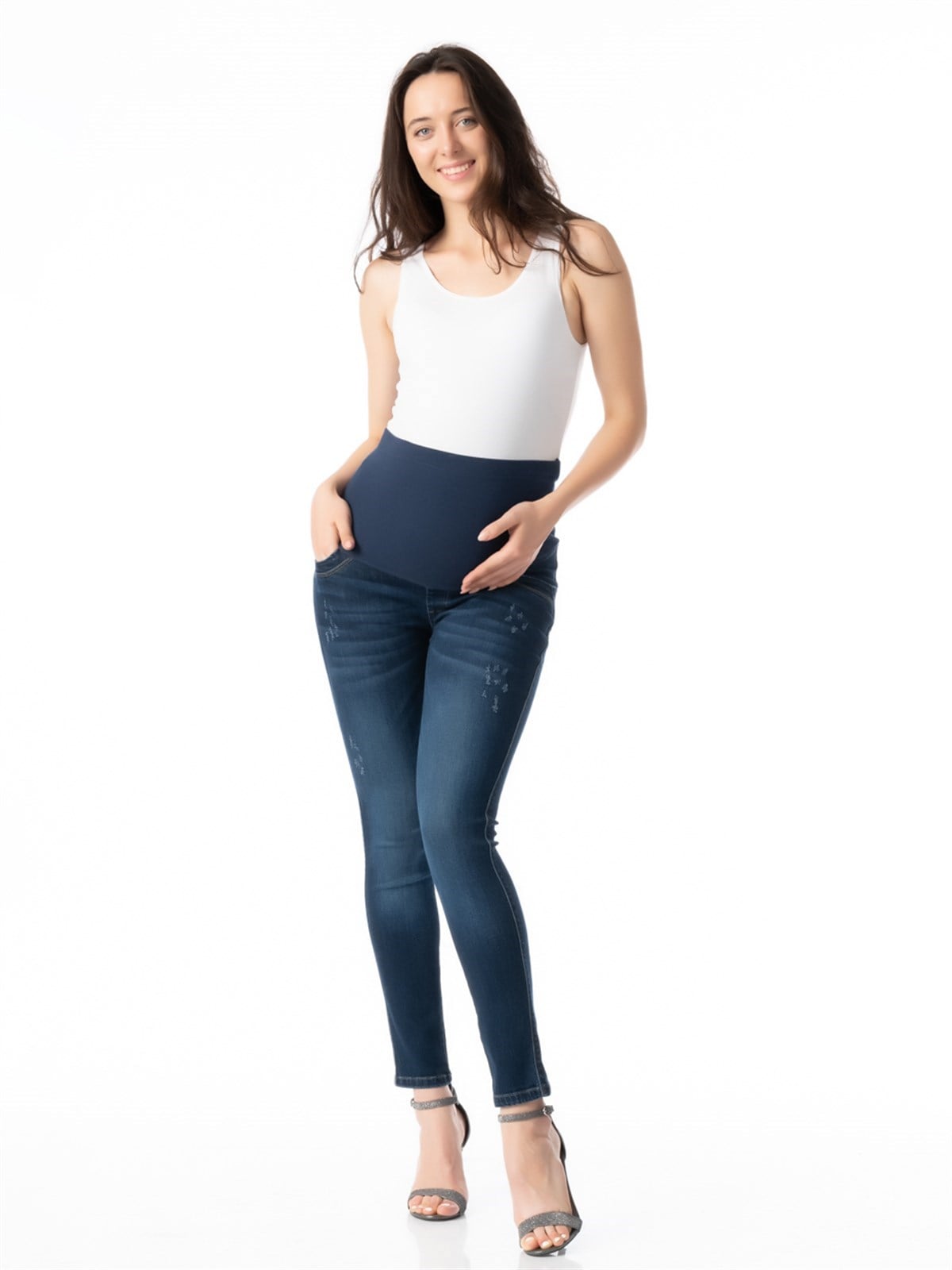 Hamile  Kot Pantolon Dar Paça Yırtıklı Model Lacivert