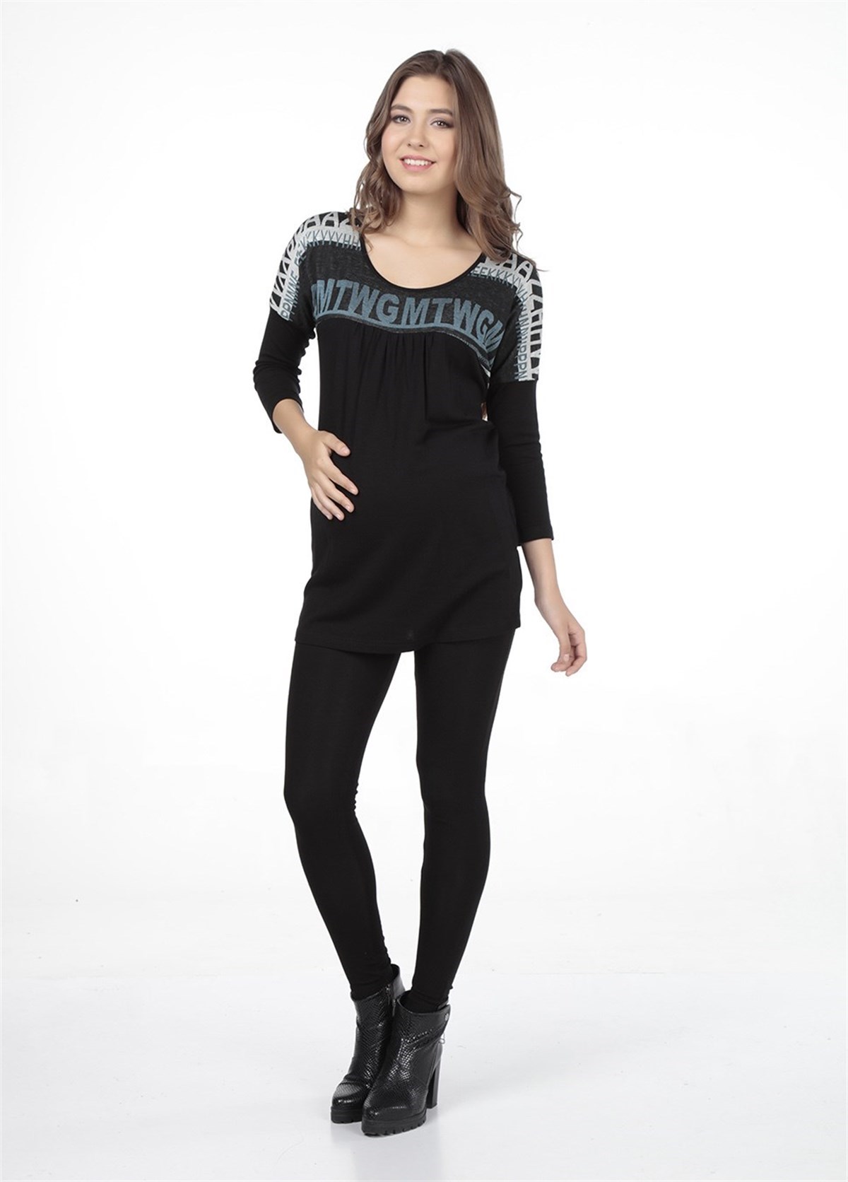 Maternity Blouse Print Font Patterned Model Black