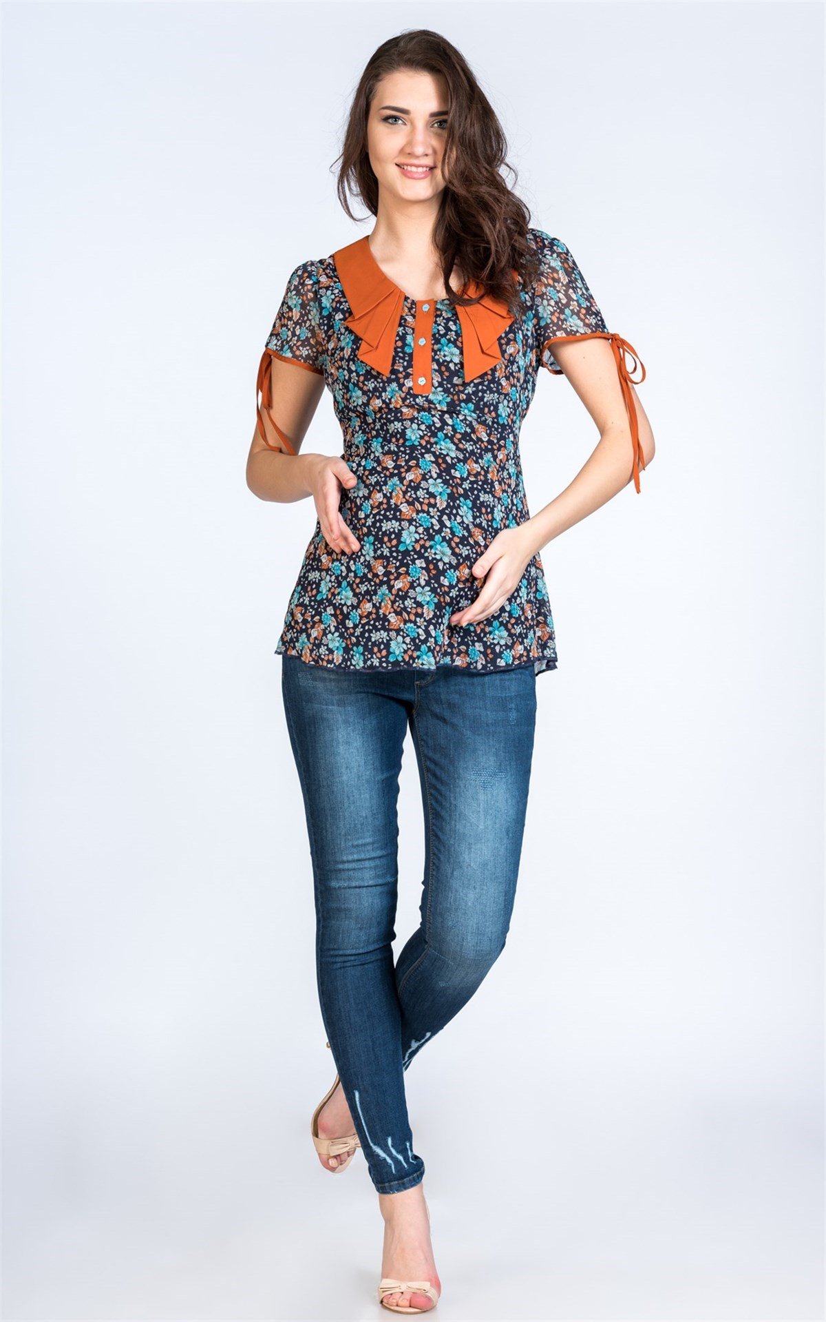 Maternity Blouse Button Collar Pattern Barbell Navy Blue