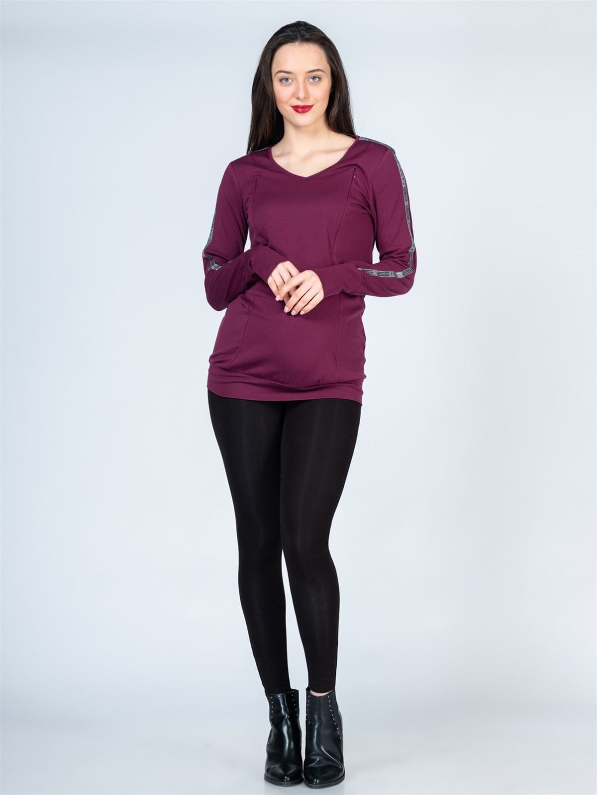 Hamile Bluz Kol Şerit Desenli Model Bordo