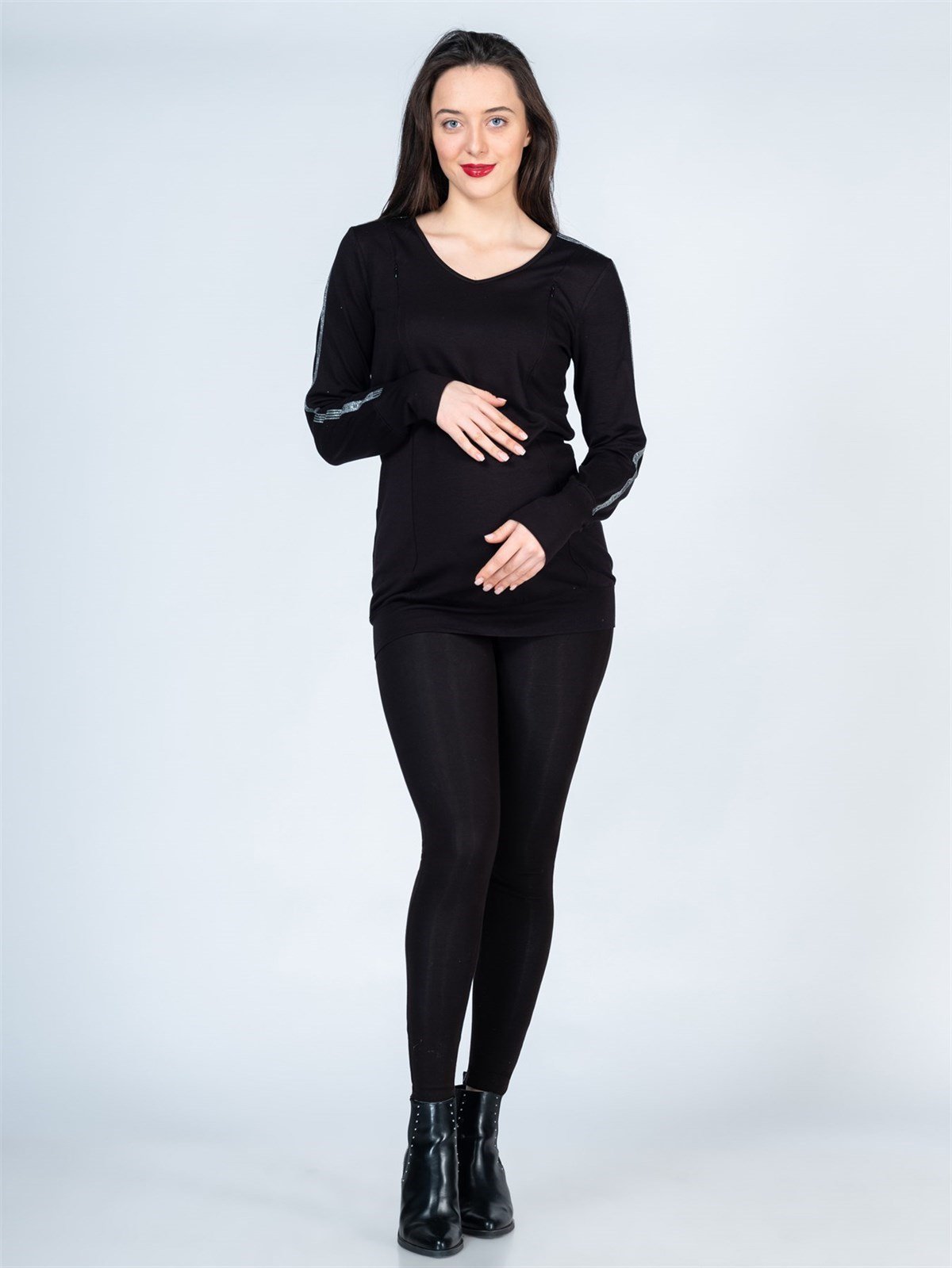 Maternity Blouse Sleeve Strip Patterned Model Black